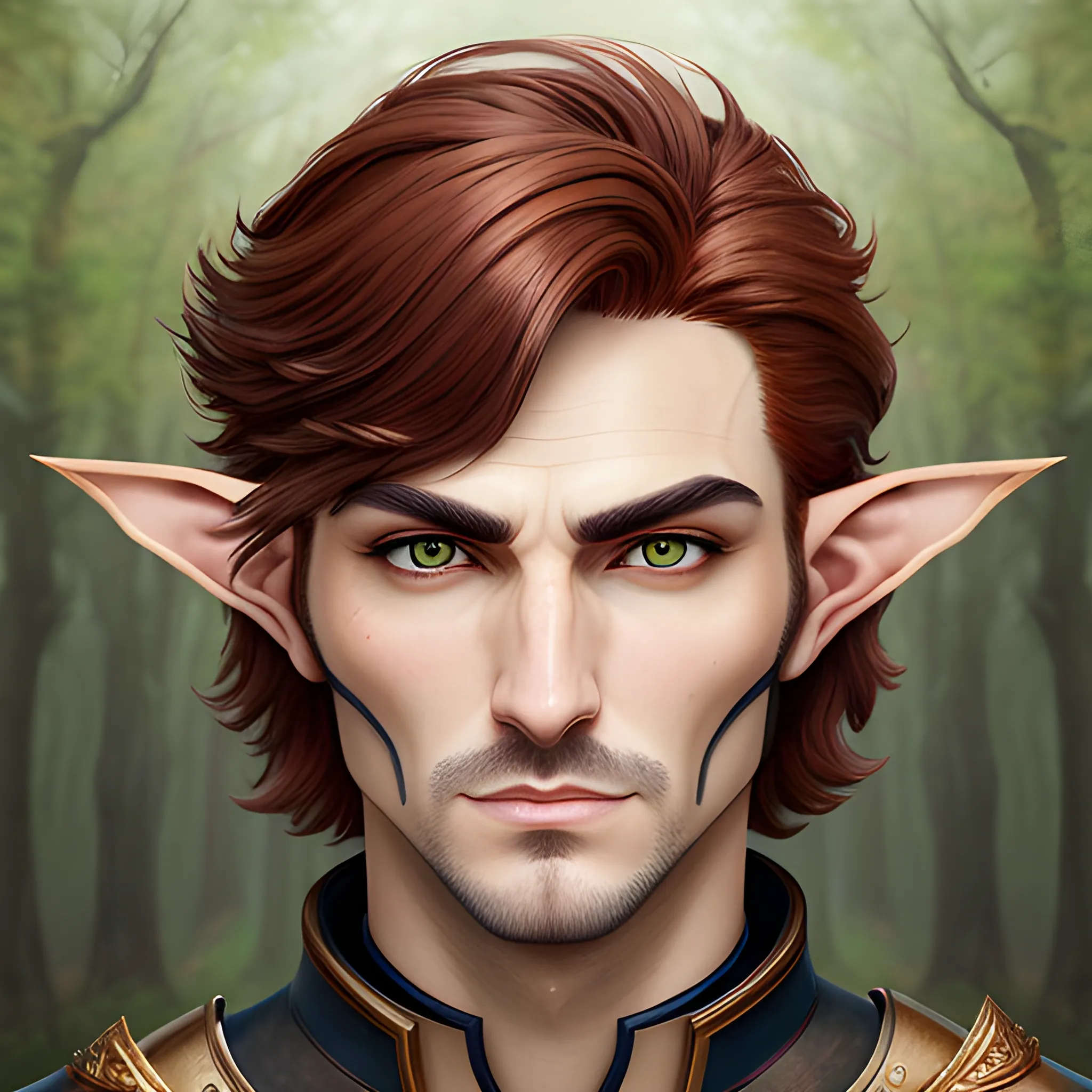 semi-realistic, masterpiece, portrait, adult man, man in his twenties, young man, medieval aesthetic, vintage, brown eyes, deep eyes, elf, knight, soldier, medieval, in a forest, stoic expression, dark red hair, short mullet, no facial hair, full body, burly, built, crisp details, illustrated, niji 6, Midjourney, Detailed eyes, strong, sharp focus, perfect hands, perfect light, Oil Painting