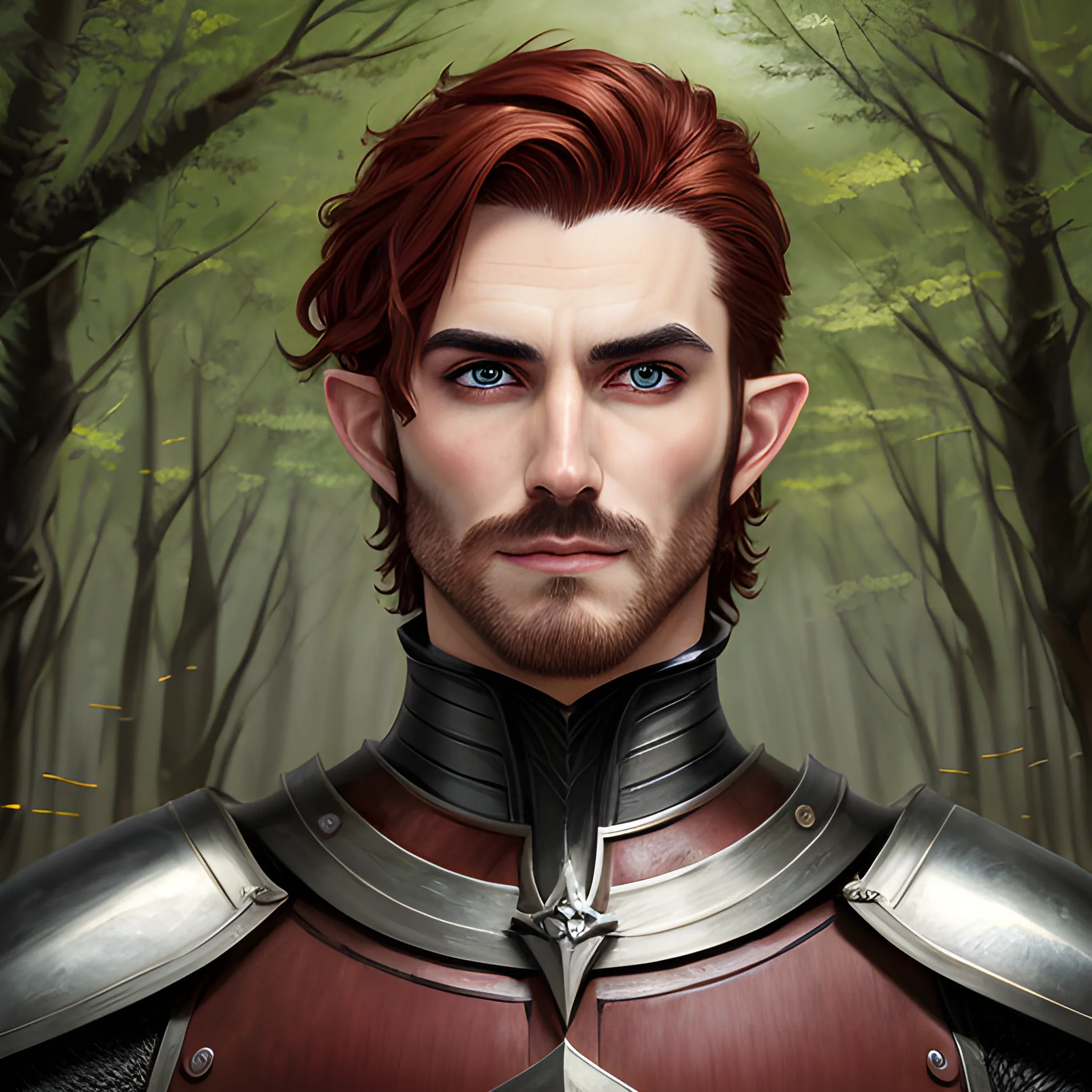 semi-realistic, masterpiece, portrait, adult man, man in his twenties, young man, medieval aesthetic, vintage, brown eyes, deep eyes, elf, knight, soldier, medieval, in a forest, stoic expression, dark red hair, short mullet, no facial hair, full body, burly, built, crisp details, illustrated, niji 6, Midjourney, Detailed eyes, strong, sharp focus, perfect hands, perfect light, Oil Painting