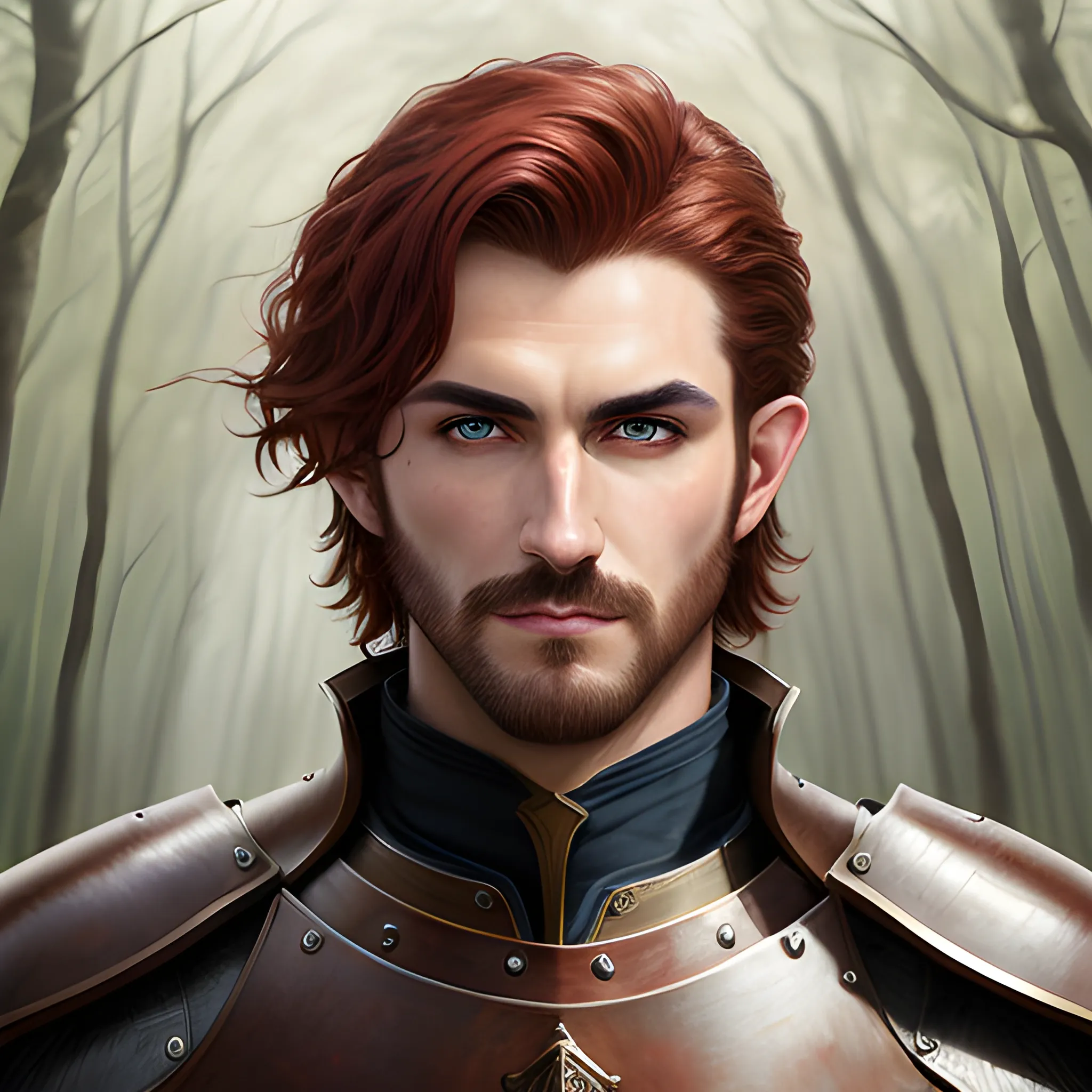 semi-realistic, masterpiece, portrait, adult man, man in his twenties, young man, medieval aesthetic, vintage, brown eyes, deep eyes, elf, knight, soldier, medieval, in a forest, stoic expression, dark red hair, short mullet, no facial hair, full body, burly, built, crisp details, illustrated, niji 6, Midjourney, Detailed eyes, strong, sharp focus, perfect hands, perfect light, Oil Painting