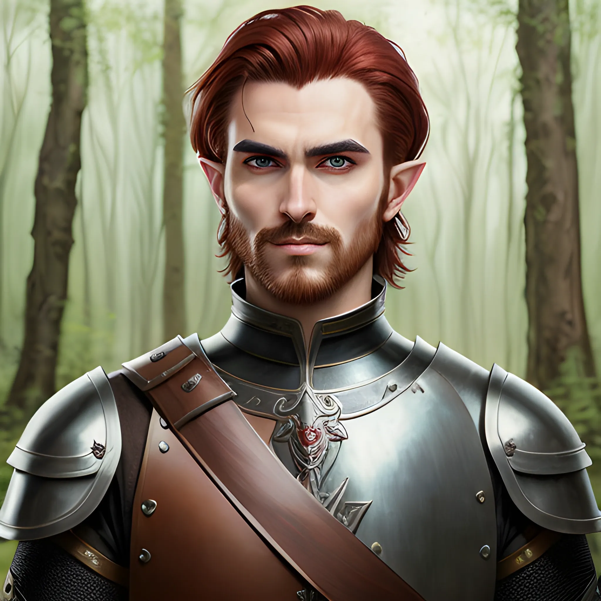 semi-realistic, masterpiece, portrait, adult man, man in his twenties, young man, medieval aesthetic, vintage, brown eyes, deep eyes, elf, knight, soldier, medieval, in a forest, stoic expression, dark red hair, short mullet, no facial hair, full body, burly, built, crisp details, illustrated, niji 6, Midjourney, Detailed eyes, strong, sharp focus, perfect hands, perfect light, Oil Painting