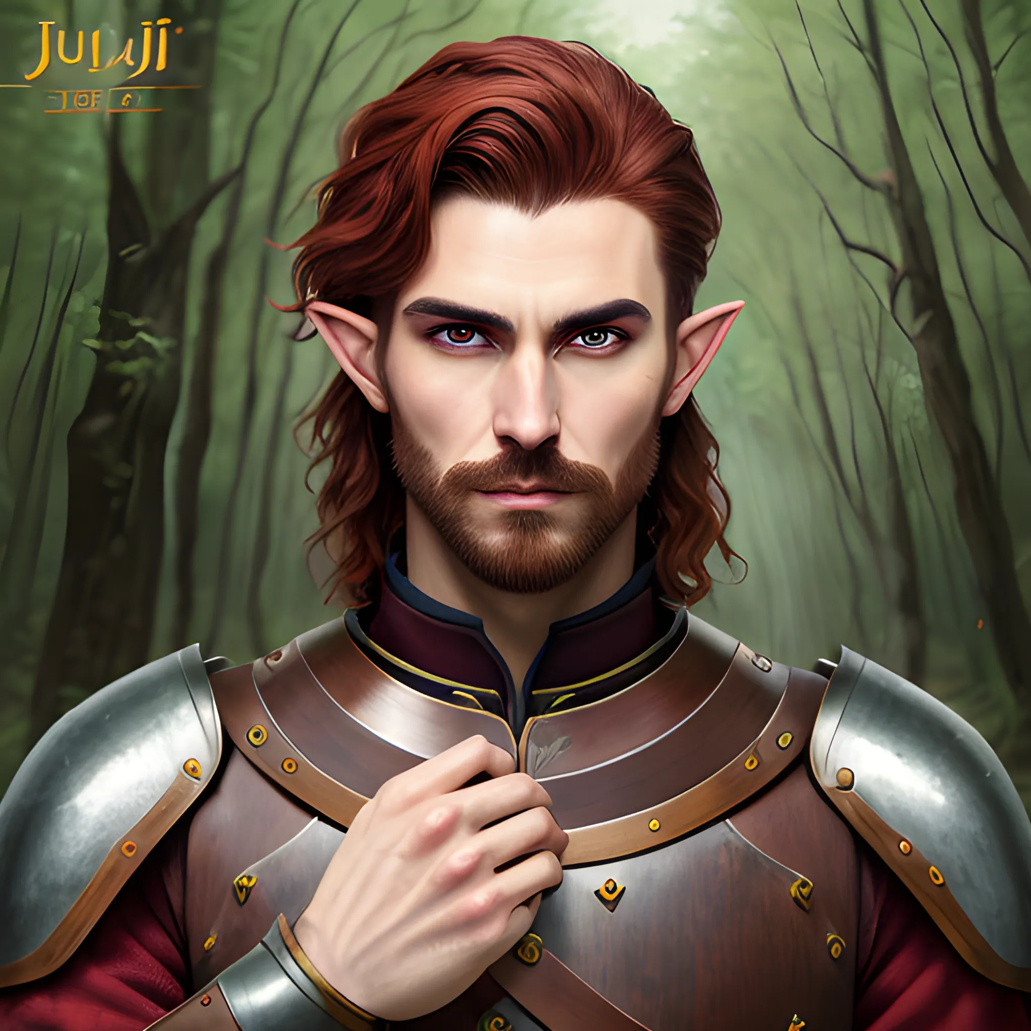 semi-realistic, masterpiece, portrait, adult man, man in his twenties, young man, medieval aesthetic, vintage, brown eyes, deep eyes, elf, knight, soldier, medieval, in a forest, stoic expression, dark red hair, short mullet, no facial hair, full body, burly, built, crisp details, illustrated, niji 6, Midjourney, Detailed eyes, strong, sharp focus, perfect hands, perfect light, Oil Painting