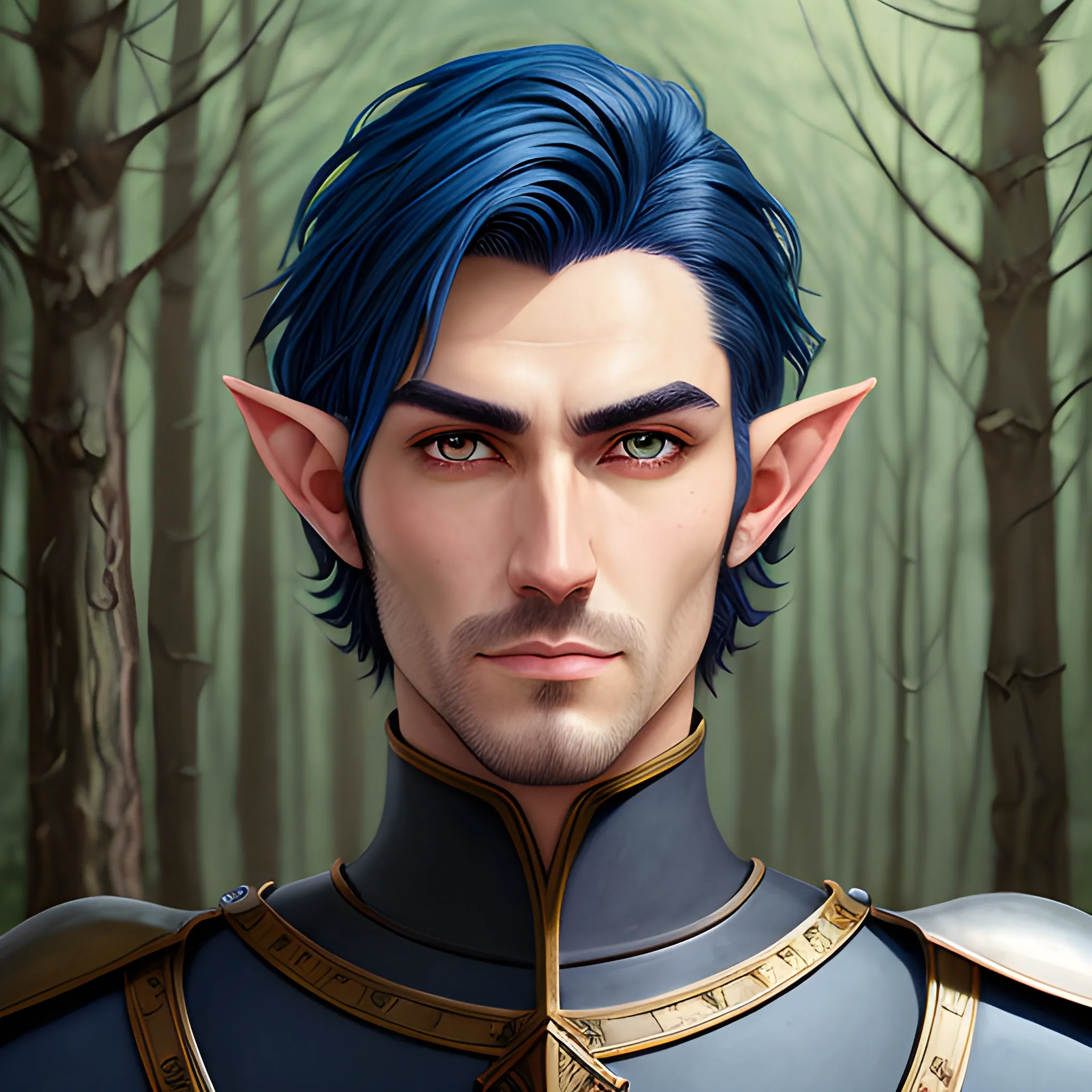 semi-realistic, masterpiece, portrait, adult man, man in his twenties, young man, medieval aesthetic, vintage, brown eyes, deep eyes, elf, knight, soldier, medieval, in a forest, stoic expression, dark bluehair, short mullet, no facial hair, full body, burly, built, crisp details, illustrated, niji 6, Midjourney, Detailed eyes, strong, sharp focus, perfect hands, perfect light, Oil Painting