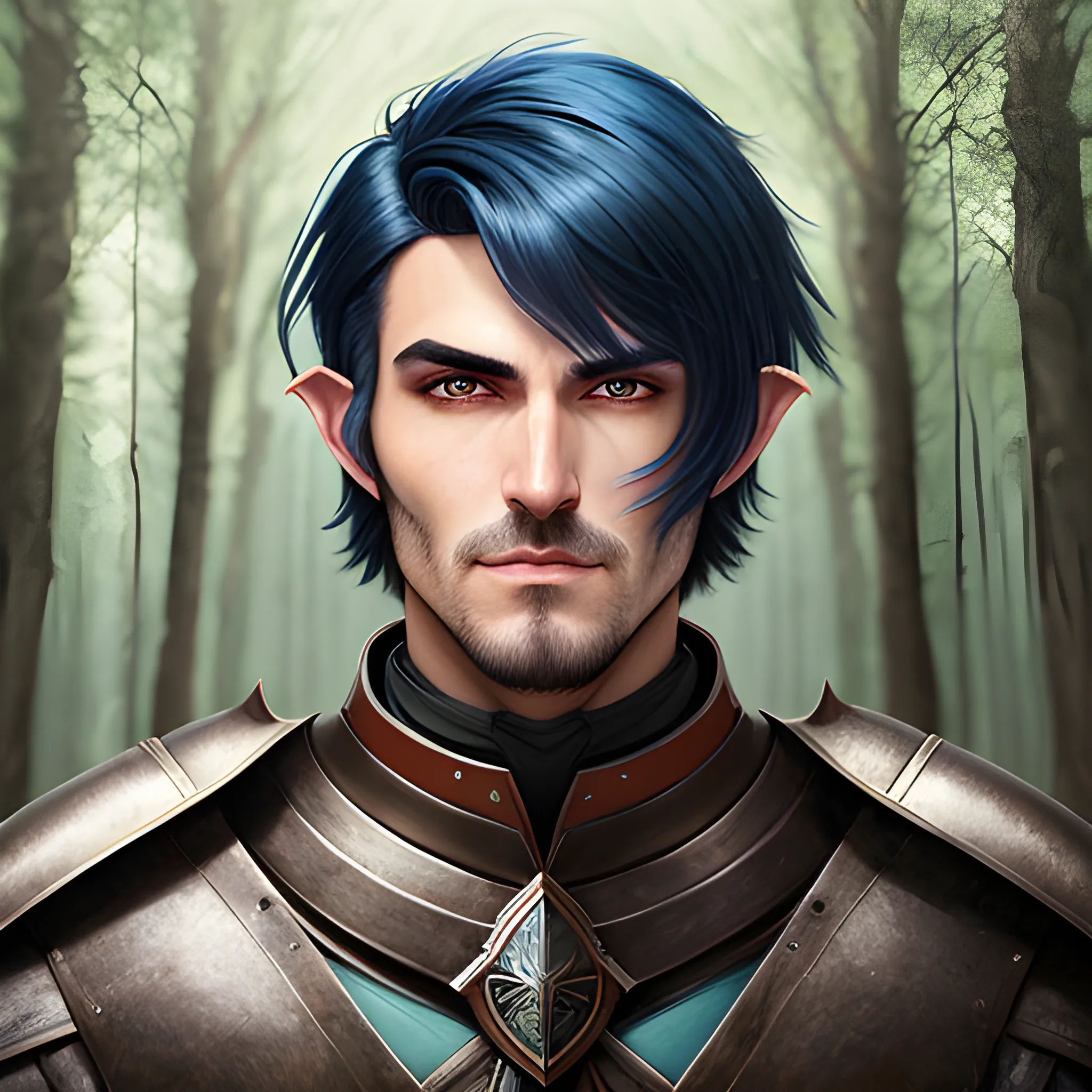 semi-realistic, masterpiece, portrait, adult man, man in his twenties, young man, medieval aesthetic, vintage, brown eyes, deep eyes, elf, knight, soldier, medieval, in a forest, stoic expression, dark bluehair, short mullet, no facial hair, full body, burly, built, crisp details, illustrated, niji 6, Midjourney, Detailed eyes, strong, sharp focus, perfect hands, perfect light, Oil Painting