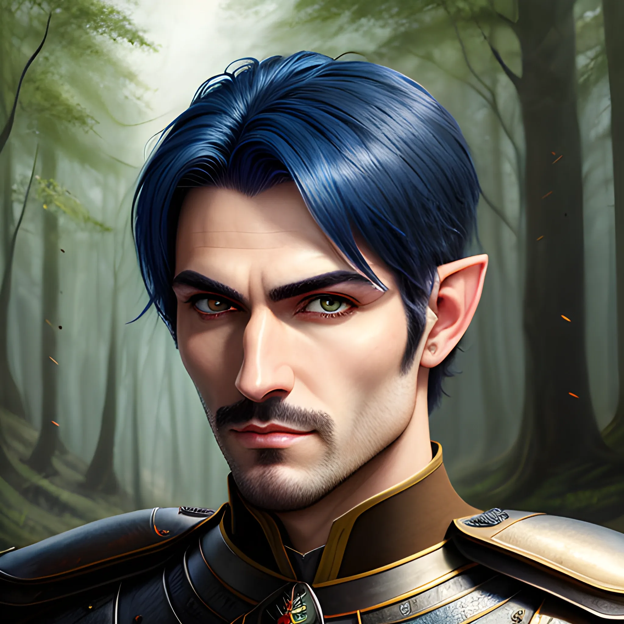 semi-realistic, masterpiece, portrait, adult man, man in his twenties, young man, medieval aesthetic, vintage, brown eyes, deep eyes, elf, knight, soldier, medieval, in a forest, stoic expression, dark bluehair, short mullet, no facial hair, full body, burly, built, crisp details, illustrated, niji 6, Midjourney, Detailed eyes, strong, sharp focus, perfect hands, perfect light, Oil Painting