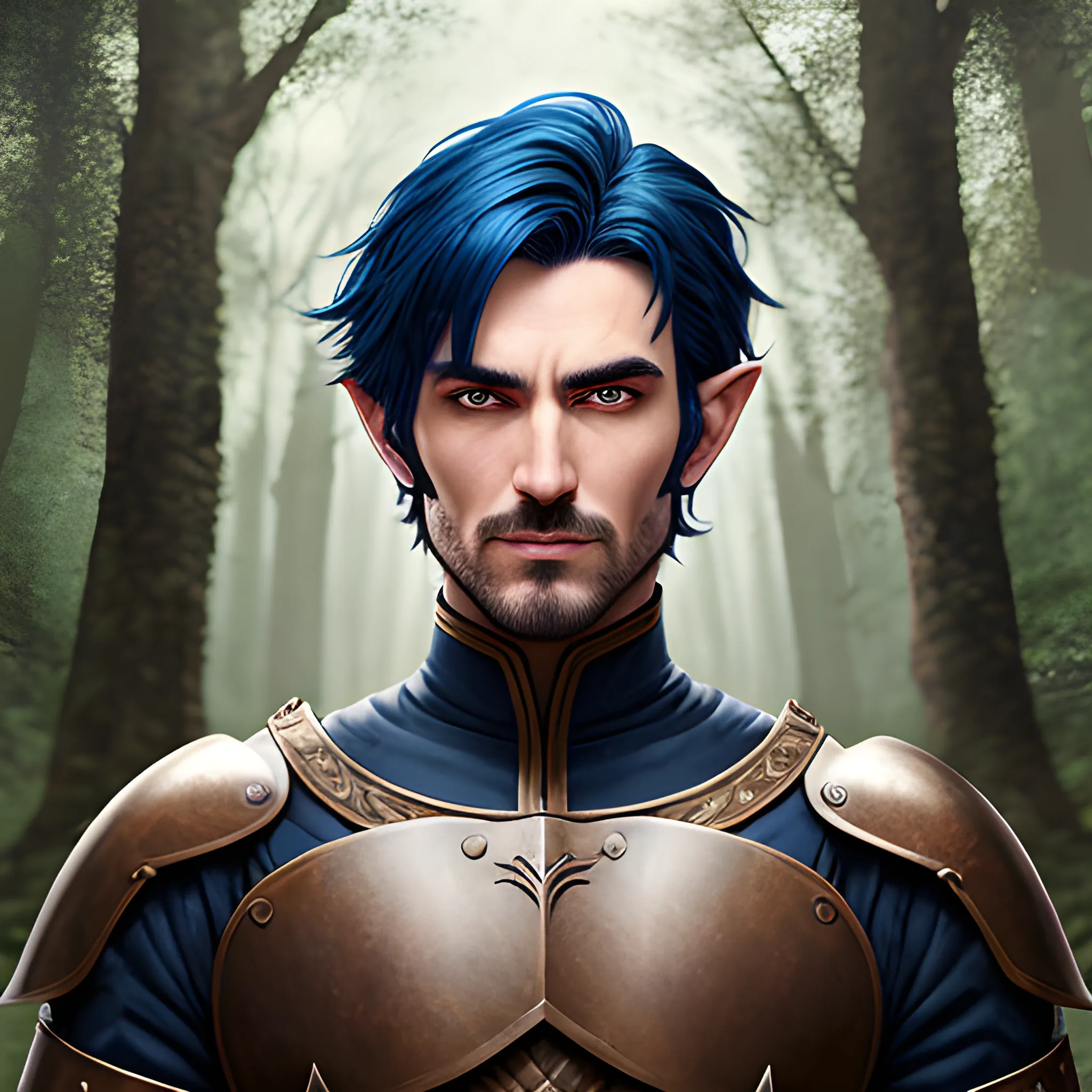 semi-realistic, masterpiece, portrait, adult man, man in his twenties, young man, medieval aesthetic, vintage, brown eyes, deep eyes, elf, knight, soldier, medieval, in a forest, stoic expression, dark bluehair, short mullet, no facial hair, full body, burly, built, crisp details, illustrated, niji 6, Midjourney, Detailed eyes, strong, sharp focus, perfect hands, perfect light, Oil Painting