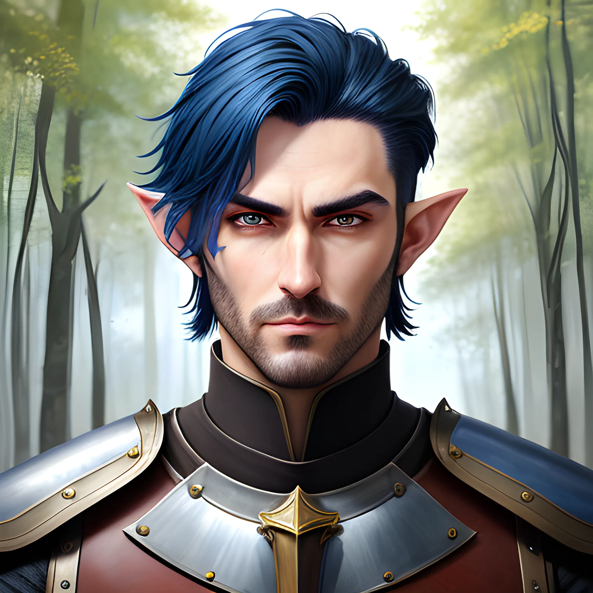 semi-realistic, masterpiece, portrait, adult man, man in his twenties, young man, medieval aesthetic, vintage, brown eyes, deep eyes, elf, knight, soldier, medieval, in a forest, stoic expression, dark bluehair, short mullet, no facial hair, full body, burly, built, crisp details, illustrated, niji 6, Midjourney, Detailed eyes, strong, sharp focus, perfect hands, perfect light, Oil Painting