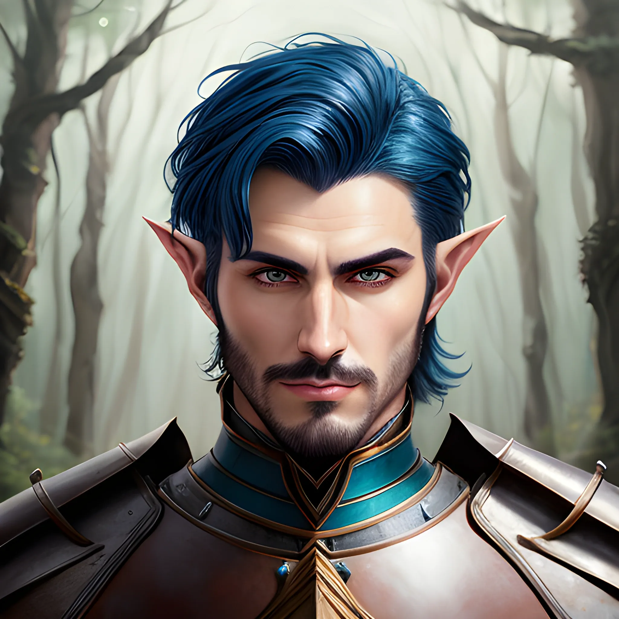 semi-realistic, masterpiece, portrait, adult man, man in his twenties, young man, medieval aesthetic, vintage, brown eyes, deep eyes, elf, knight, soldier, medieval, in a forest, stoic expression, dark bluehair, short mullet, no facial hair, full body, burly, built, crisp details, illustrated, niji 6, Midjourney, Detailed eyes, strong, sharp focus, perfect hands, perfect light, Oil Painting