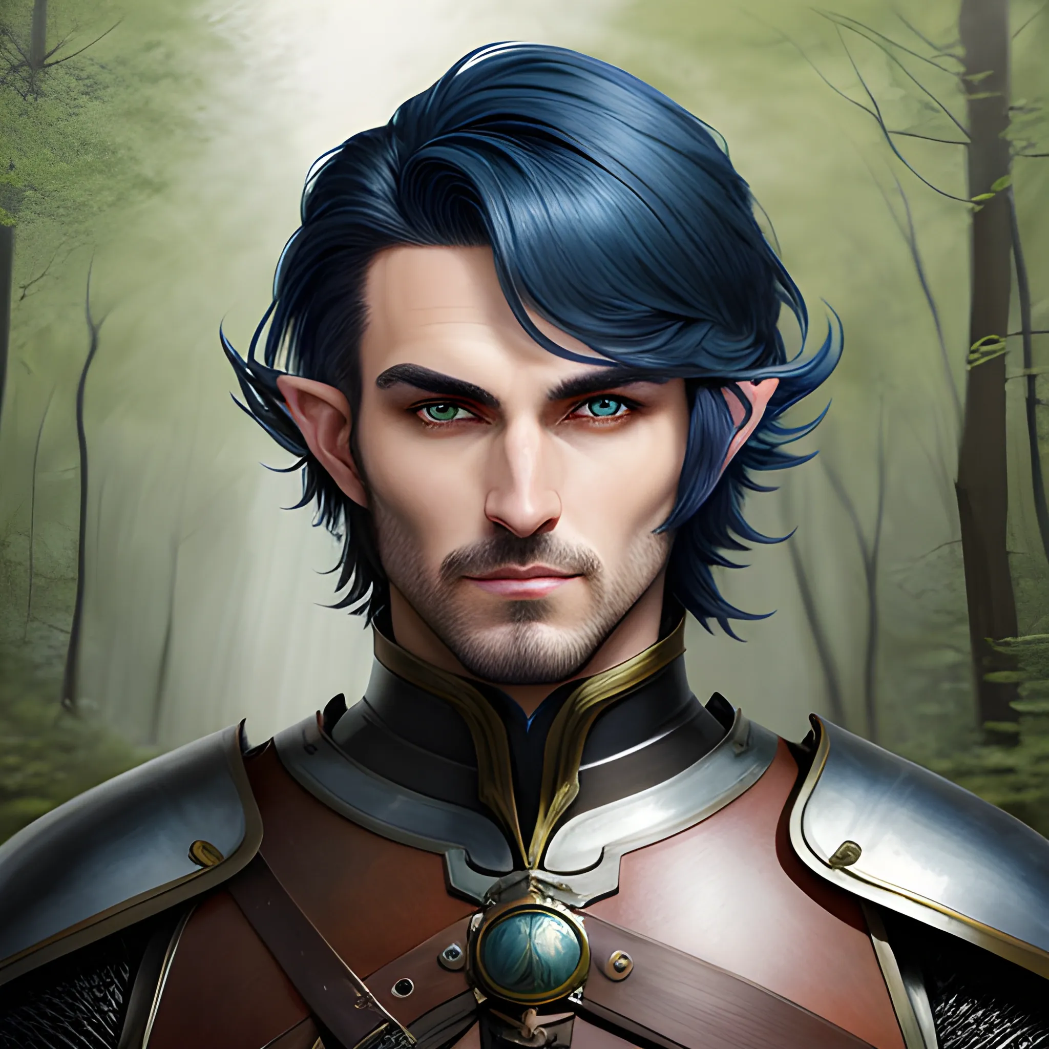 semi-realistic, masterpiece, portrait, adult man, man in his twenties, young man, medieval aesthetic, vintage, brown eyes, deep eyes, elf, knight, soldier, medieval, in a forest, stoic expression, dark bluehair, short mullet, no facial hair, full body, burly, built, crisp details, illustrated, niji 6, Midjourney, Detailed eyes, strong, sharp focus, perfect hands, perfect light, Oil Painting