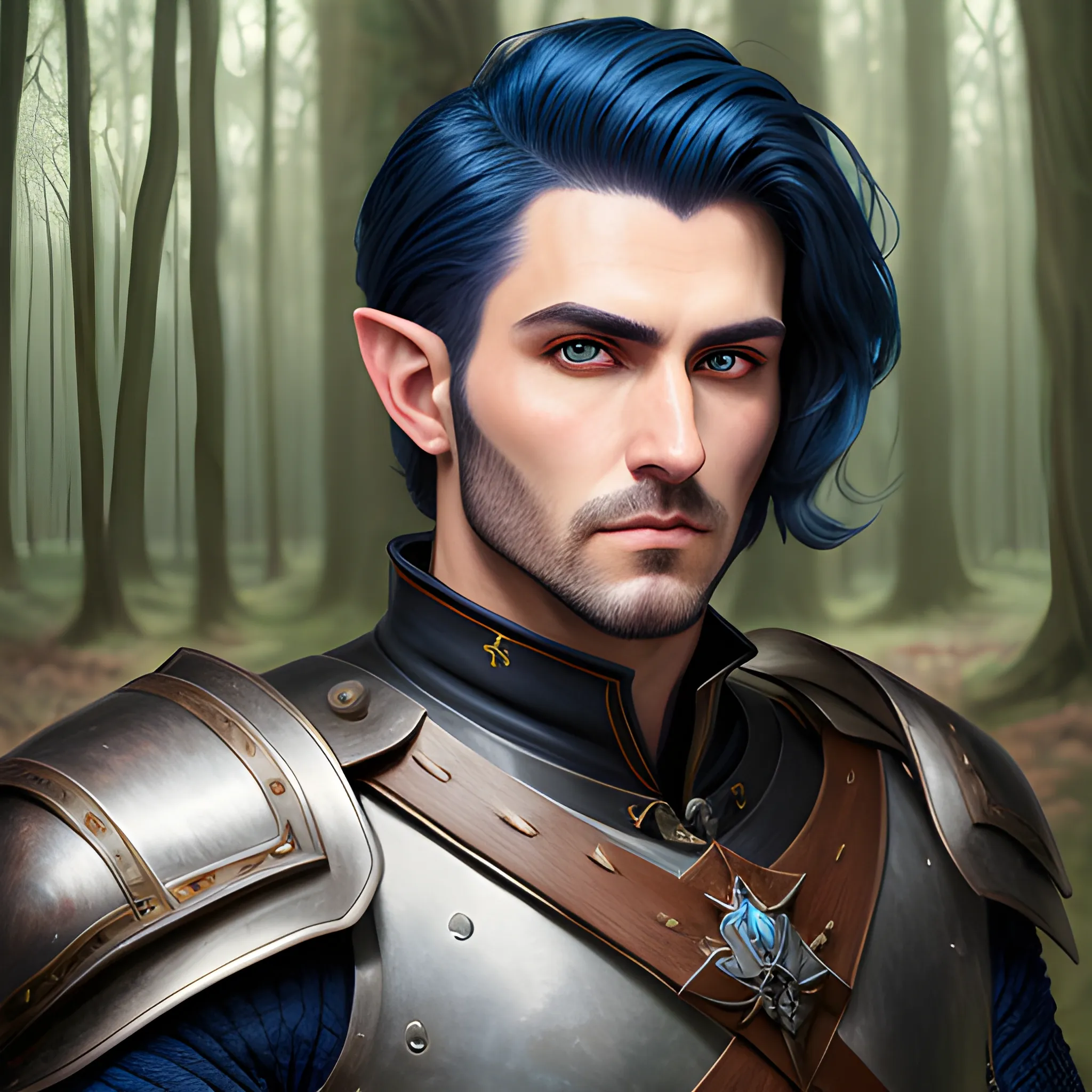 semi-realistic, masterpiece, portrait, adult man, man in his twenties, young man, medieval aesthetic, vintage, brown eyes, deep eyes, elf, knight, soldier, medieval, in a forest, stoic expression, dark bluehair, short mullet, no facial hair, full body, burly, built, crisp details, illustrated, niji 6, Midjourney, Detailed eyes, strong, sharp focus, perfect hands, perfect light, Oil Painting