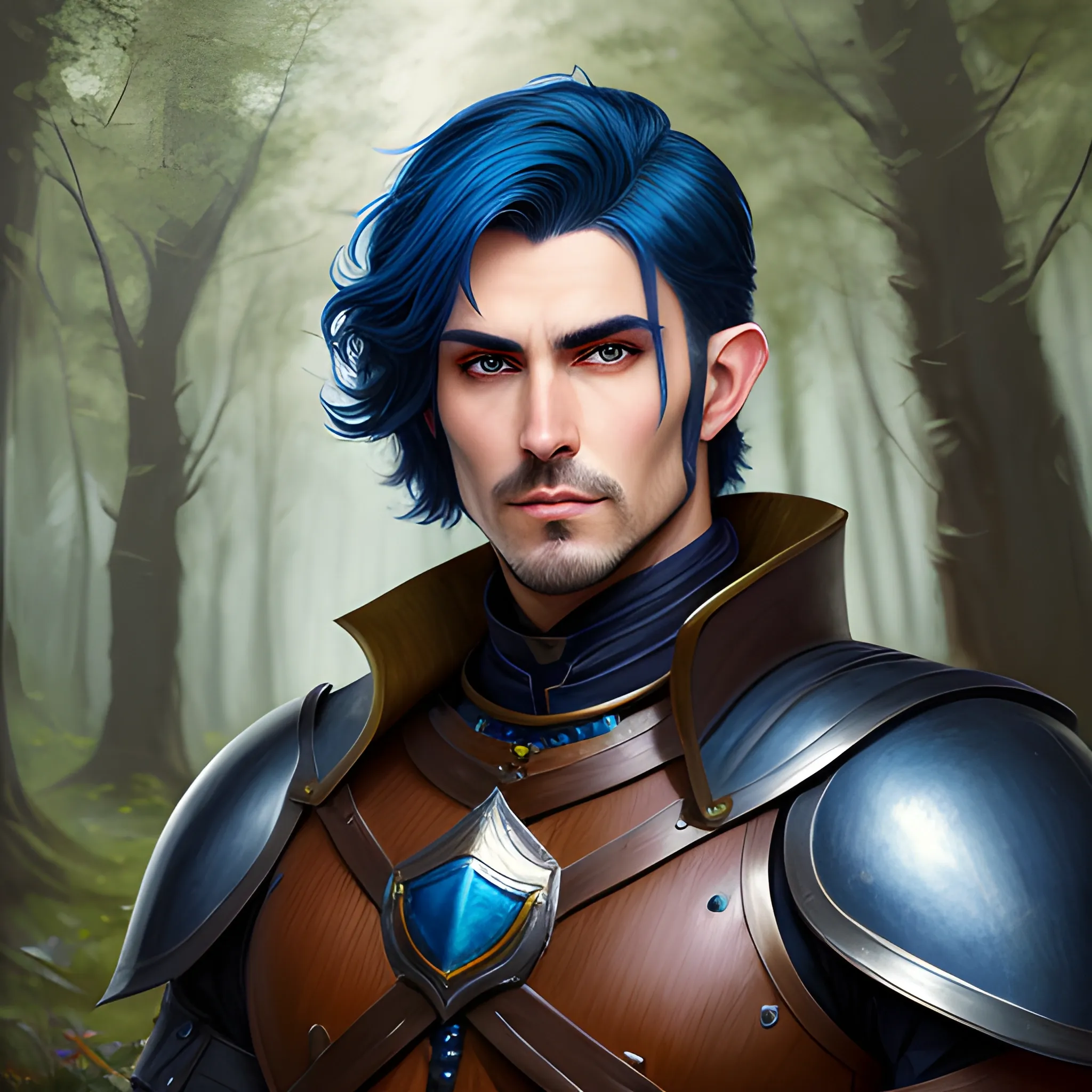 semi-realistic, masterpiece, portrait, adult man, man in his twenties, young man, medieval aesthetic, vintage, brown eyes, deep eyes, elf, knight, soldier, medieval, in a forest, stoic expression, dark bluehair, short mullet, no facial hair, full body, burly, built, crisp details, illustrated, niji 6, Midjourney, Detailed eyes, strong, sharp focus, perfect hands, perfect light, Oil Painting