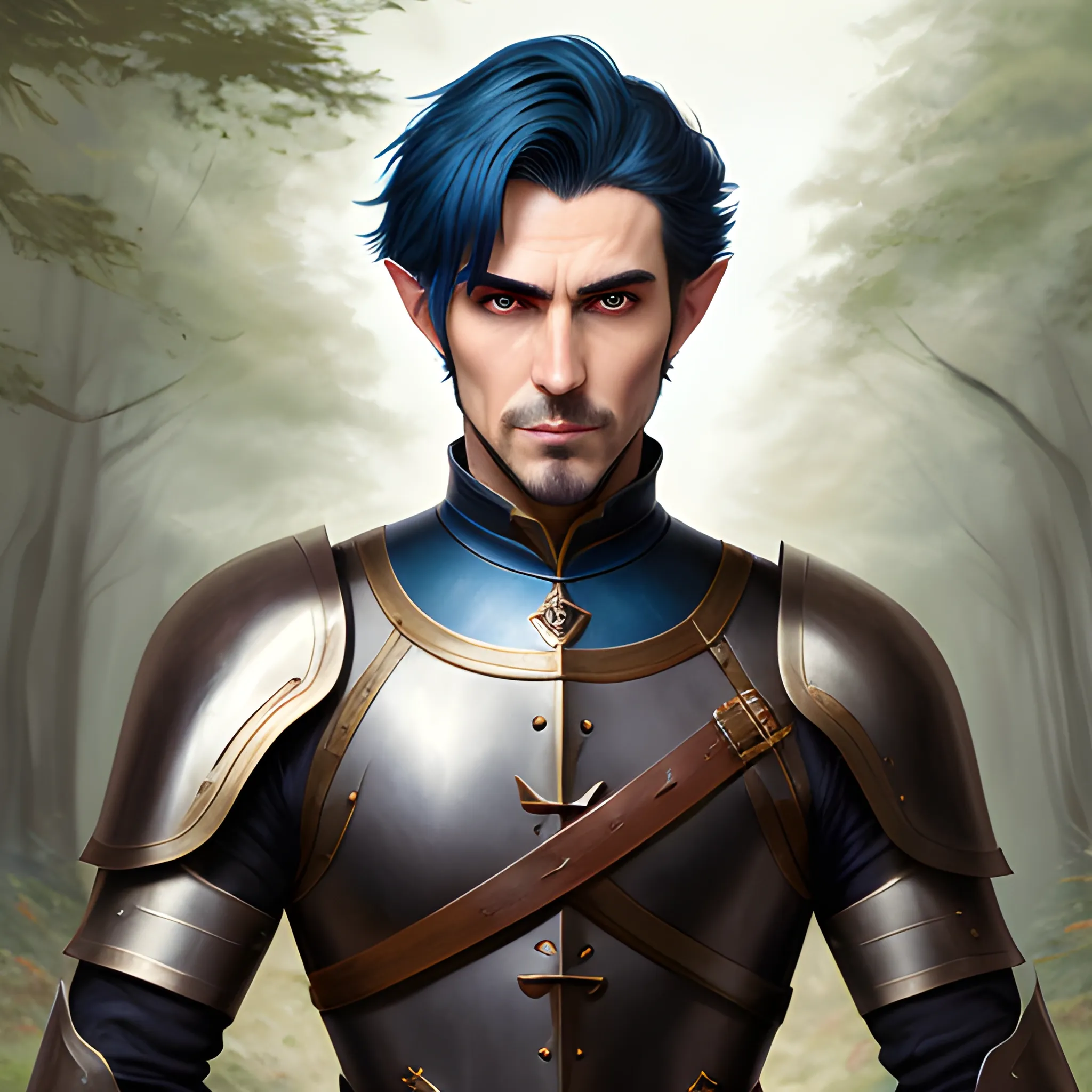 semi-realistic, masterpiece, portrait, adult man, man in his twenties, young man, medieval aesthetic, vintage, brown eyes, deep eyes, elf, knight, soldier, medieval, in a forest, stoic expression, dark bluehair, short mullet, no facial hair, full body, burly, built, crisp details, illustrated, niji 6, Midjourney, Detailed eyes, strong, sharp focus, perfect hands, perfect light, Oil Painting