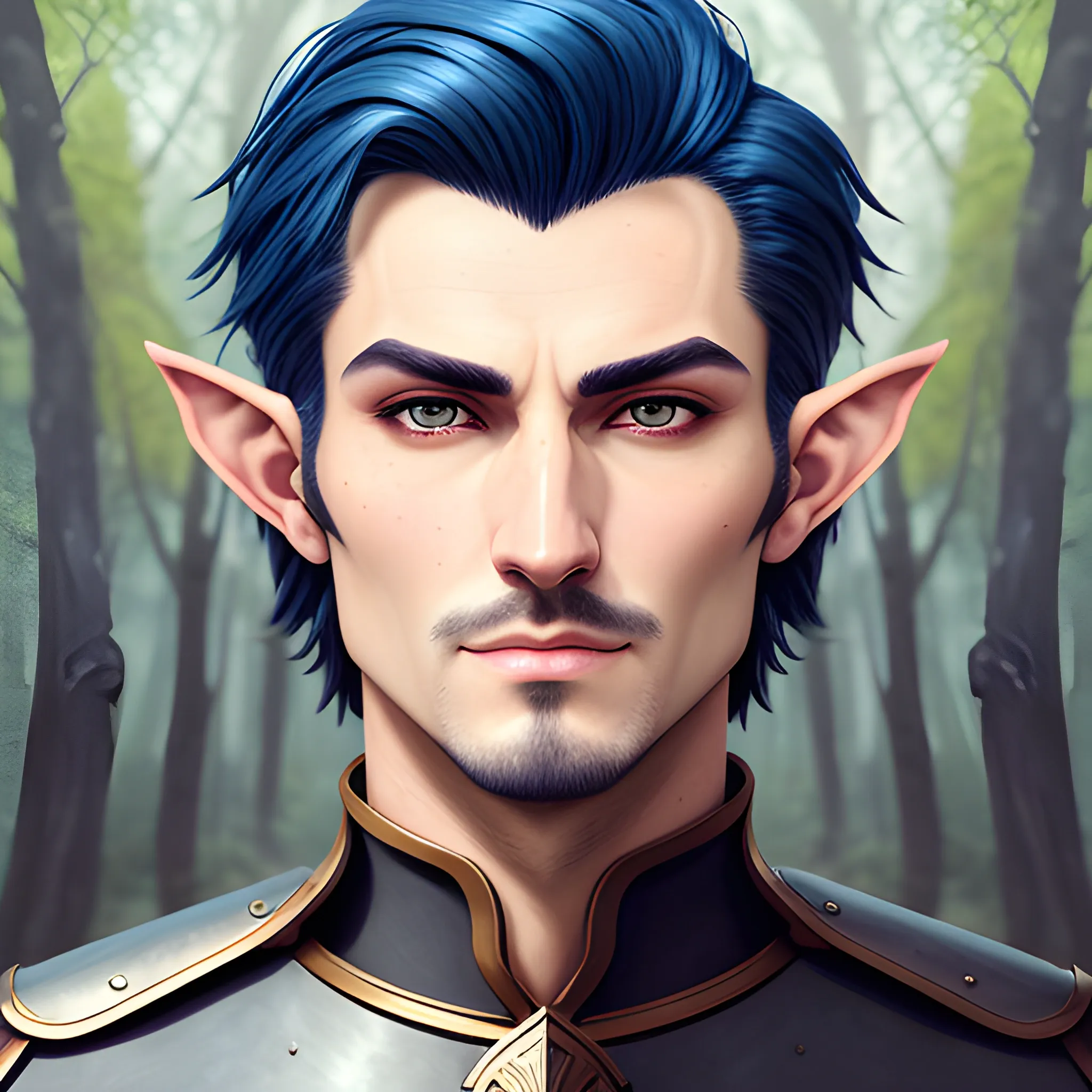 semi-realistic, masterpiece, portrait, adult man, man in his twenties, young man, medieval aesthetic, vintage, brown eyes, deep eyes, elf, knight, soldier, medieval, in a forest, stoic expression, dark bluehair, short mullet, no facial hair, full body, burly, built, crisp details, illustrated, niji 6, Midjourney, Detailed eyes, strong, sharp focus, perfect hands, perfect light, Oil Painting