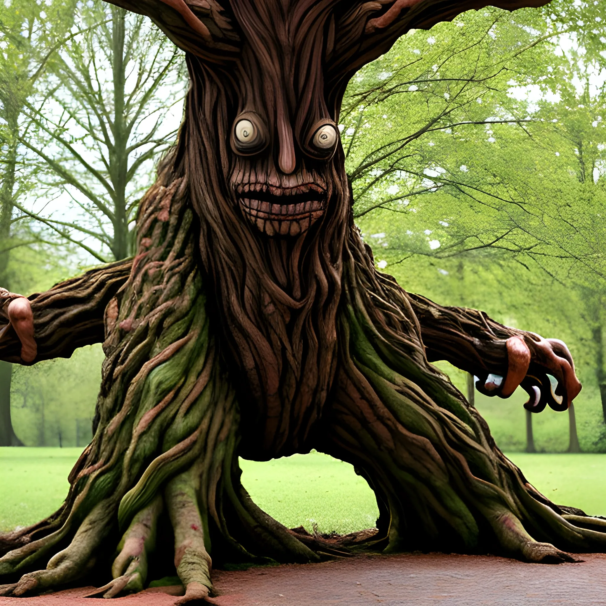 A tree with arms and legs, an ent, scary looking, big