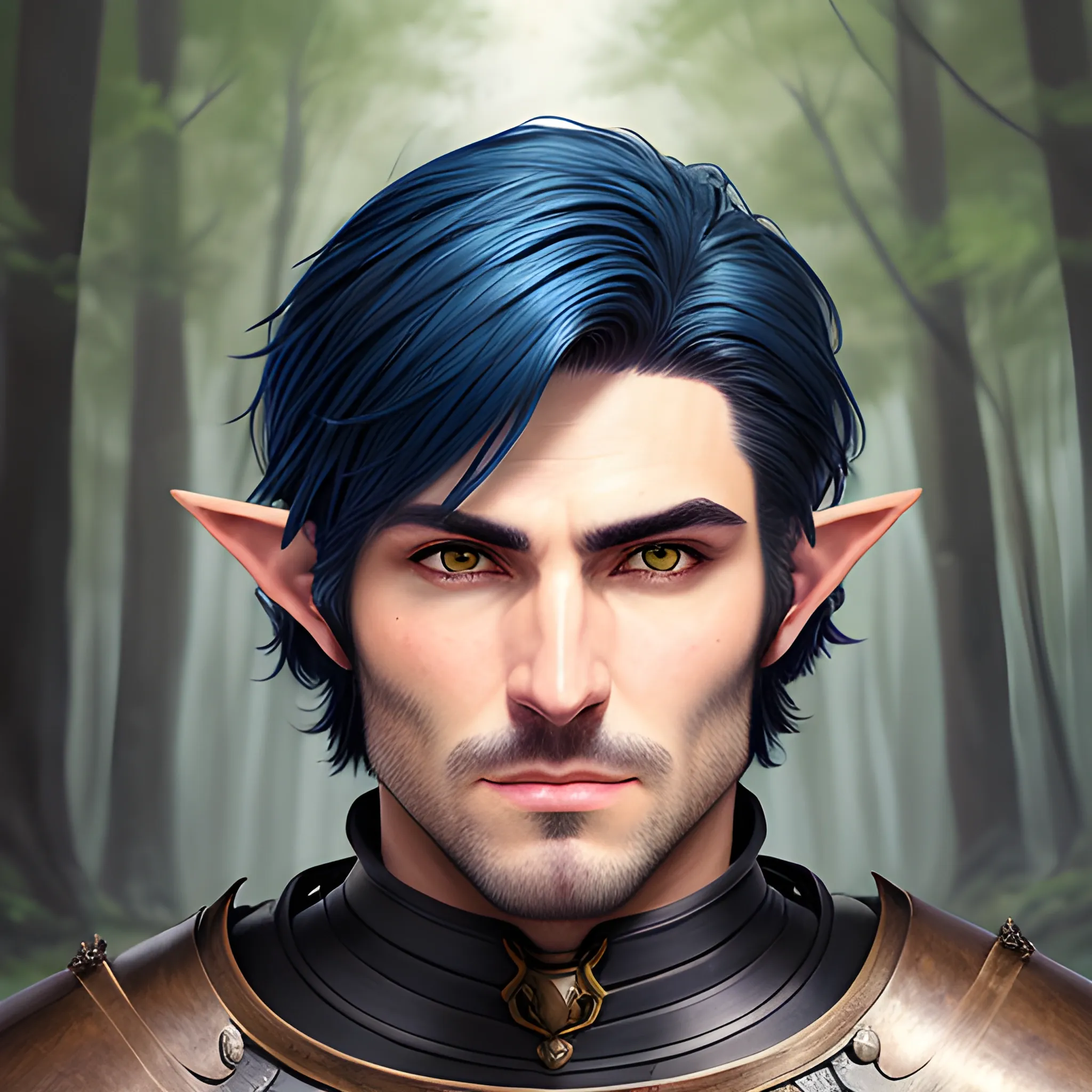 semi-realistic, masterpiece, portrait, adult man, man in his twenties, young man, medieval aesthetic, vintage, brown eyes, deep eyes, elf, knight, soldier, medieval, in a forest, stoic expression, dark bluehair, short mullet, no facial hair, full body, burly, built, crisp details, illustrated, niji 6, Midjourney, Detailed eyes, strong, sharp focus, perfect hands, perfect light, Oil Painting