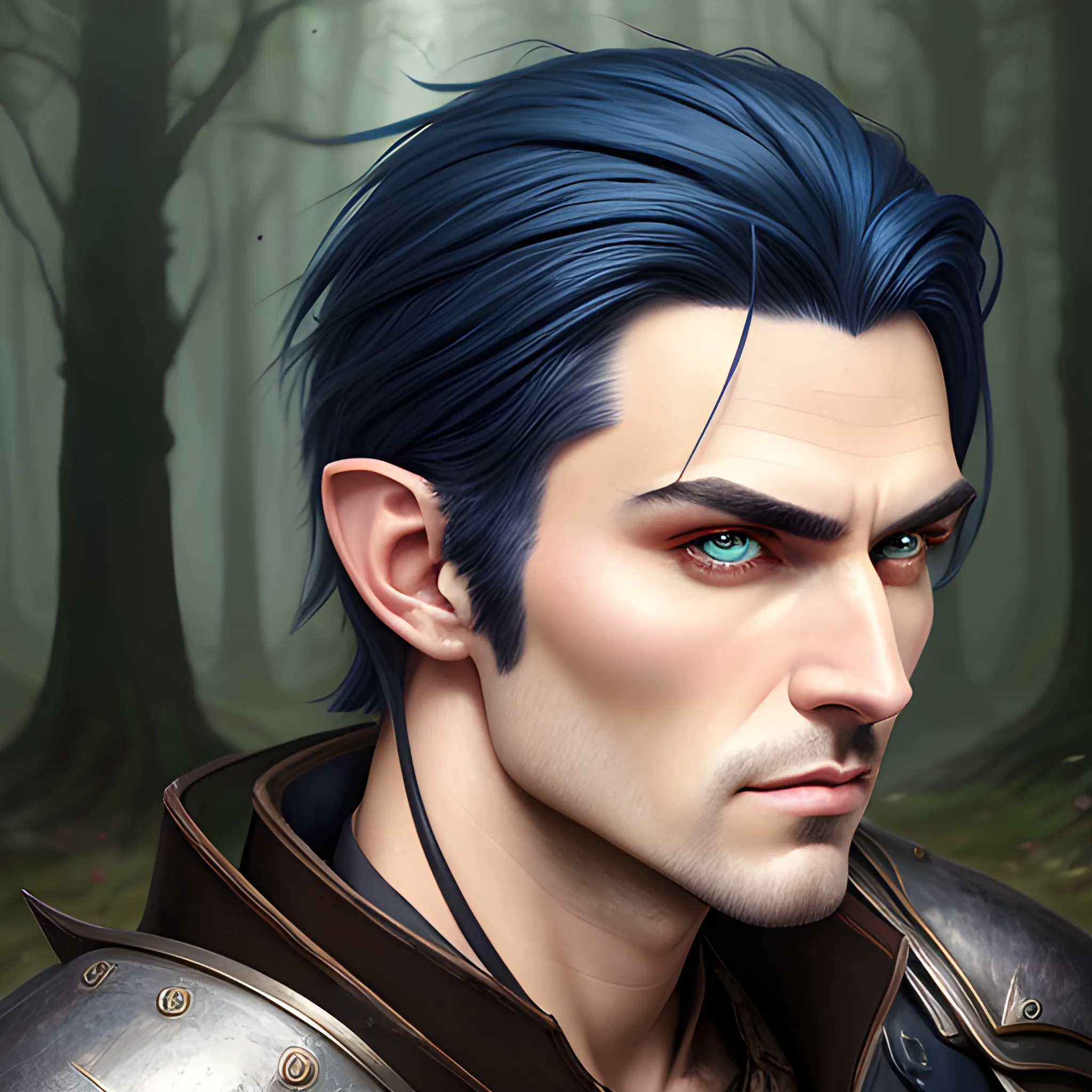 semi-realistic, masterpiece, portrait, adult man, man in his twenties, young man, medieval aesthetic, vintage, brown eyes, deep eyes, elf, knight, soldier, medieval, in a forest, stoic expression, dark bluehair, mullet, no facial hair, full body, burly, built, crisp details, illustrated, niji 6, Midjourney, Detailed eyes, strong, sharp focus, perfect hands, perfect light, Oil Painting