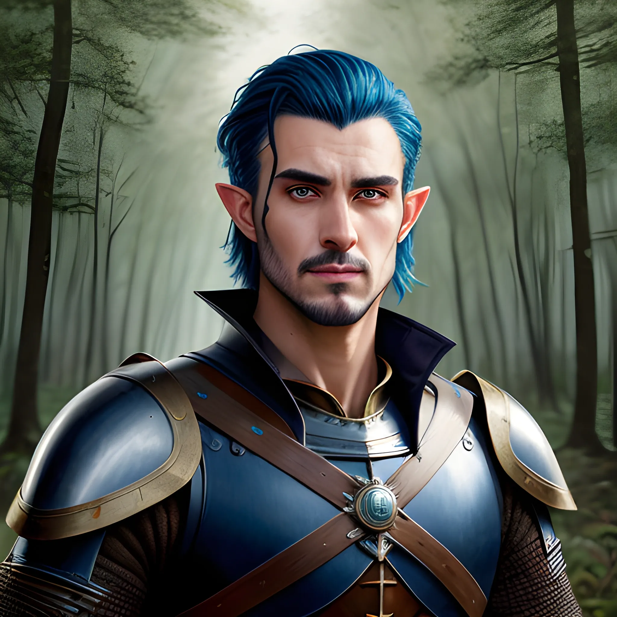 semi-realistic, masterpiece, portrait, adult man, man in his twenties, young man, medieval aesthetic, vintage, brown eyes, deep eyes, elf, knight, soldier, medieval, in a forest, stoic expression, dark bluehair, mullet, no facial hair, full body, burly, built, crisp details, illustrated, niji 6, Midjourney, Detailed eyes, strong, sharp focus, perfect hands, perfect light, Oil Painting