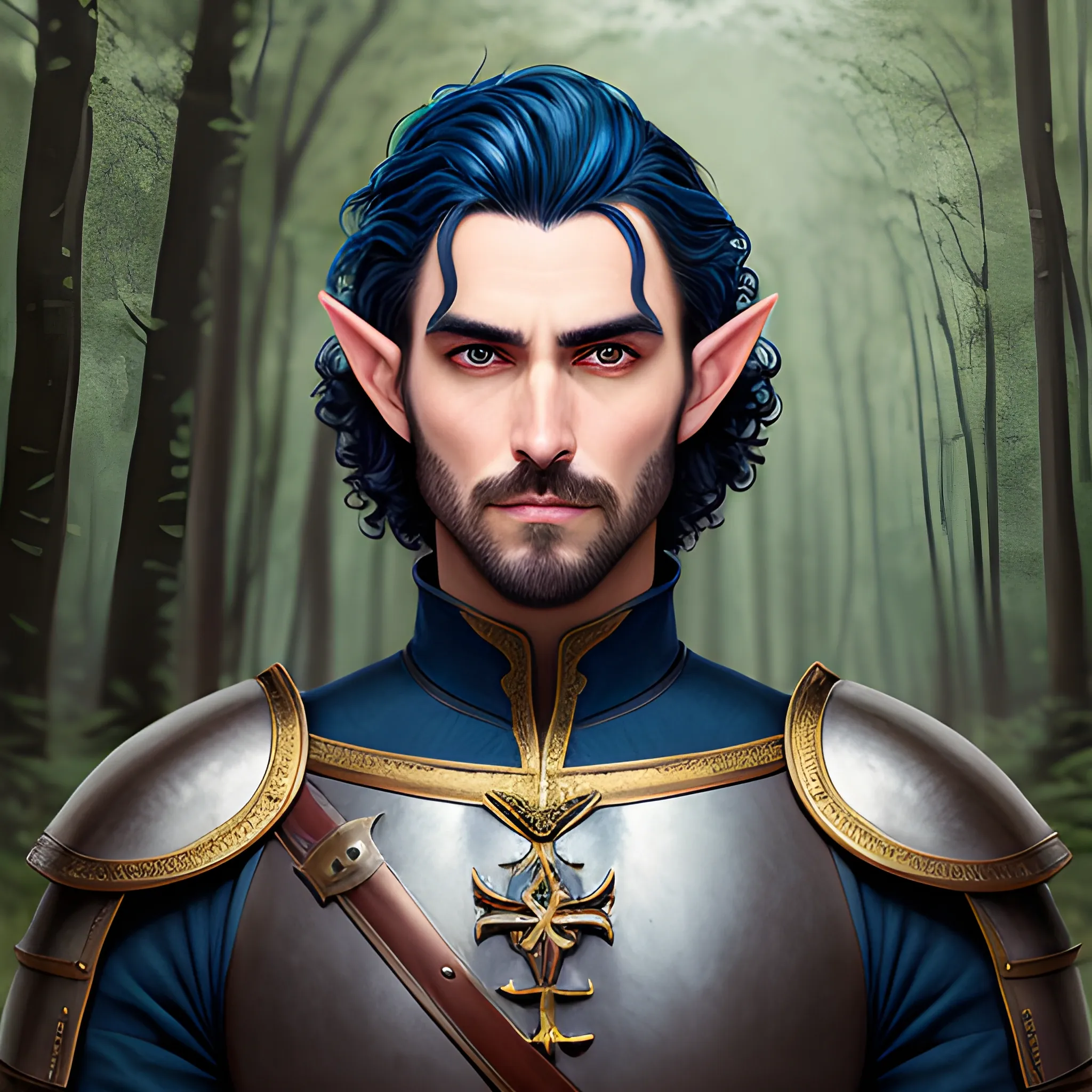 semi-realistic, masterpiece, portrait, adult man, man in his twenties, young man, medieval aesthetic, vintage, brown eyes, deep eyes, elf, knight, soldier, medieval, in a forest, stoic expression, dark bluehair, curly mullet, no facial hair, full body, burly, built, crisp details, illustrated, niji 6, Midjourney, Detailed eyes, strong, sharp focus, perfect hands, perfect light, Oil Painting