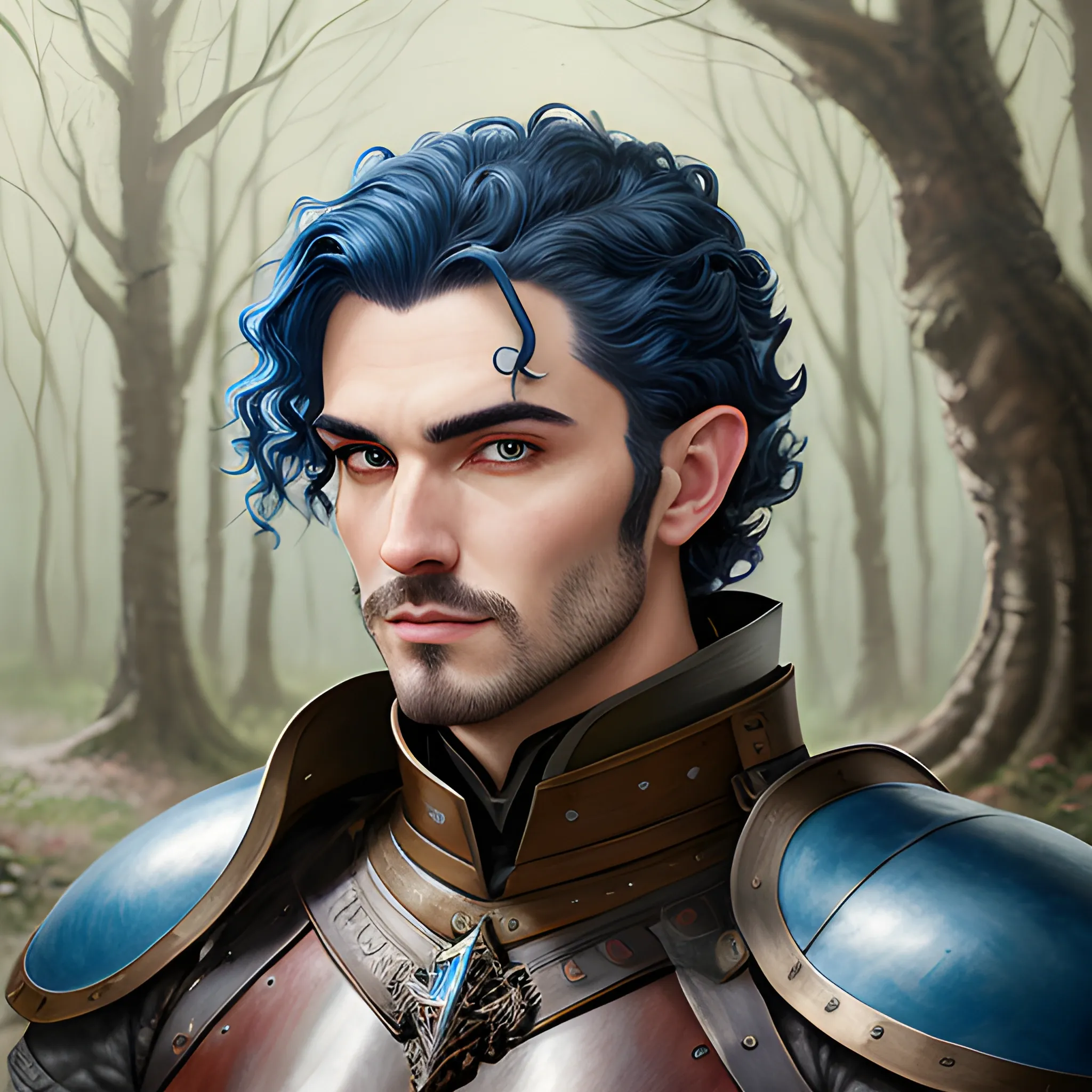 semi-realistic, masterpiece, portrait, adult man, man in his twenties, young man, medieval aesthetic, vintage, brown eyes, deep eyes, elf, knight, soldier, medieval, in a forest, stoic expression, dark bluehair, curly mullet, no facial hair, full body, burly, built, crisp details, illustrated, niji 6, Midjourney, Detailed eyes, strong, sharp focus, perfect hands, perfect light, Oil Painting