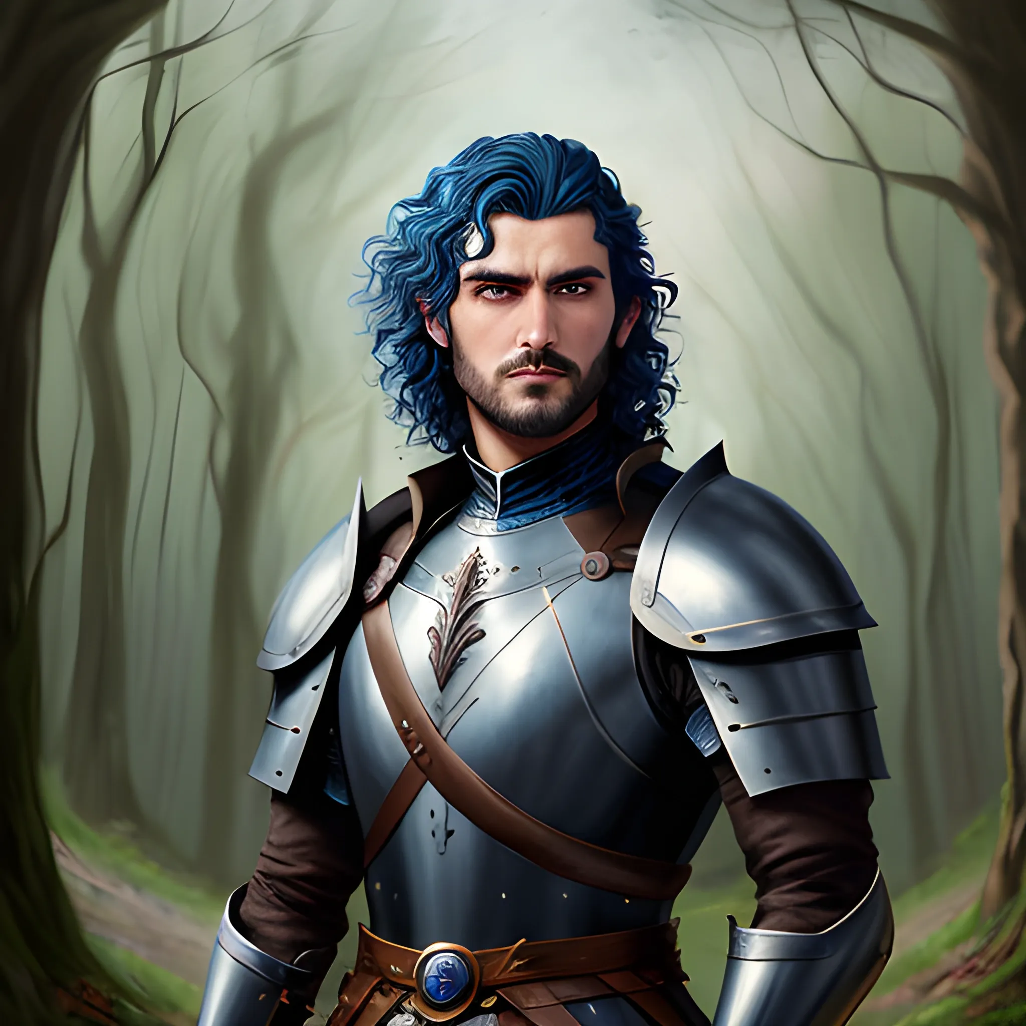 semi-realistic, masterpiece, portrait, adult man, man in his twenties, young man, medieval aesthetic, vintage, brown eyes, deep eyes, elf, knight, soldier, medieval, in a forest, stoic expression, dark bluehair, curly mullet, no facial hair, full body, burly, built, crisp details, illustrated, niji 6, Midjourney, Detailed eyes, strong, sharp focus, perfect hands, perfect light, Oil Painting