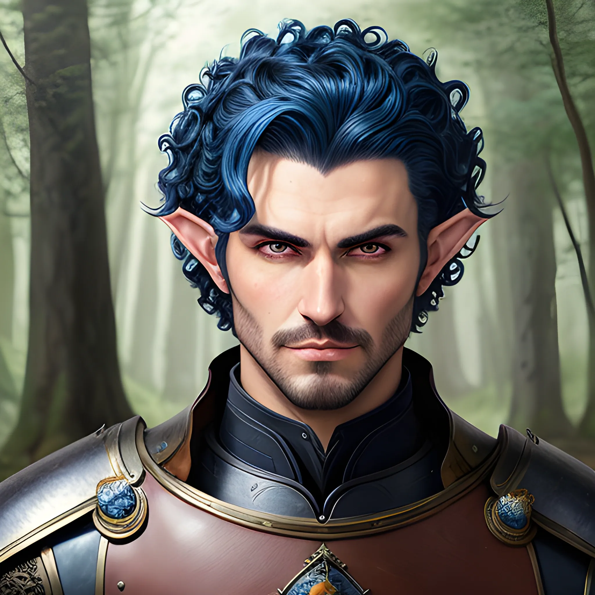 semi-realistic, masterpiece, portrait, adult man, man in his twenties, young man, medieval aesthetic, vintage, brown eyes, deep eyes, elf, knight, soldier, medieval, in a forest, stoic expression, dark bluehair, curly mullet, no facial hair, full body, burly, built, crisp details, illustrated, niji 6, Midjourney, Detailed eyes, strong, sharp focus, perfect hands, perfect light, Oil Painting