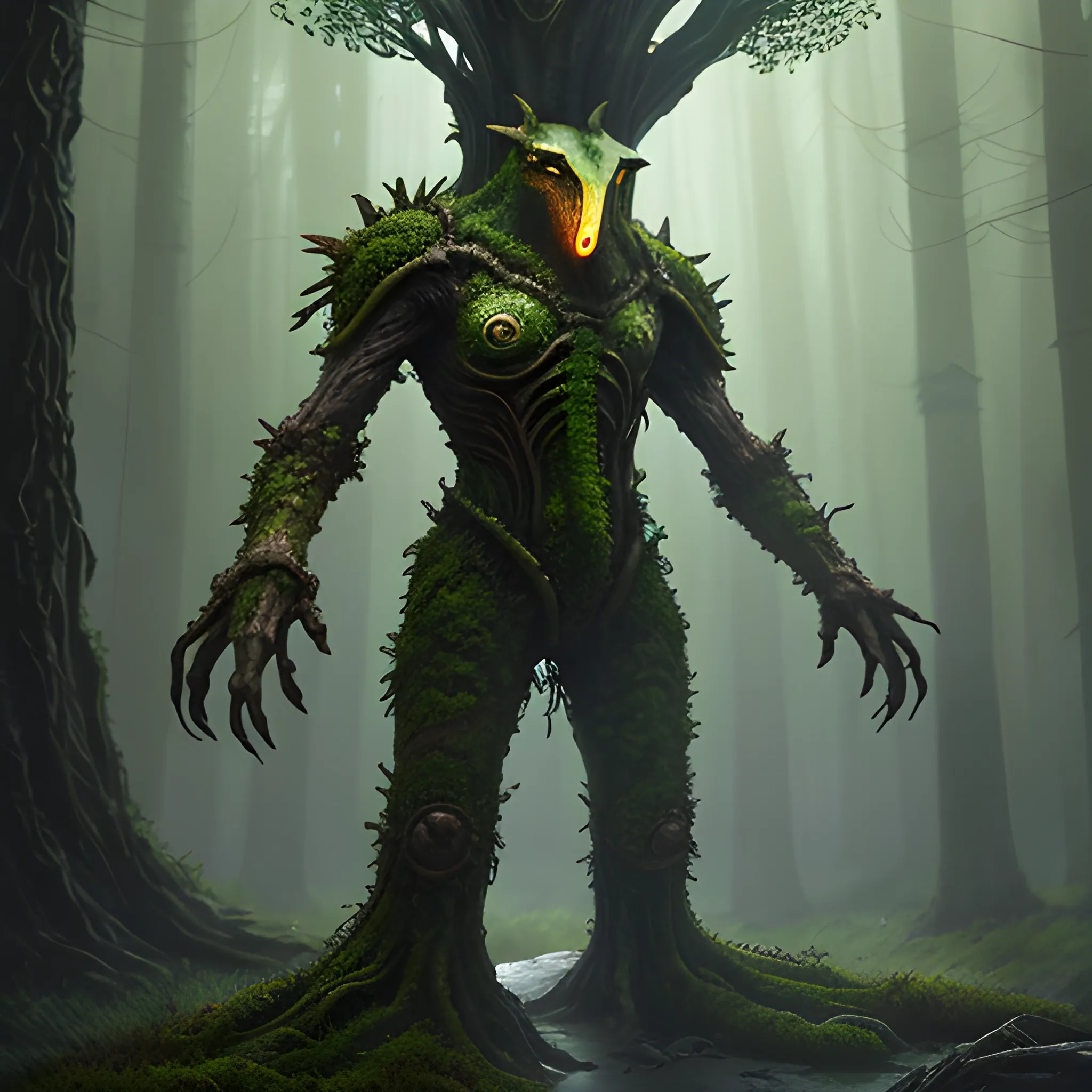 ent, living armor, fungi, rotting, waiting, alone, moss, digitigrade, standing, D&D, fantasy, cinematic lighting, highly detailed, digital painting, artstation, concept art, smooth, sharp focus, illustration, volumetric lighting, epic Composition, 8k, oil painting, distant, lonely