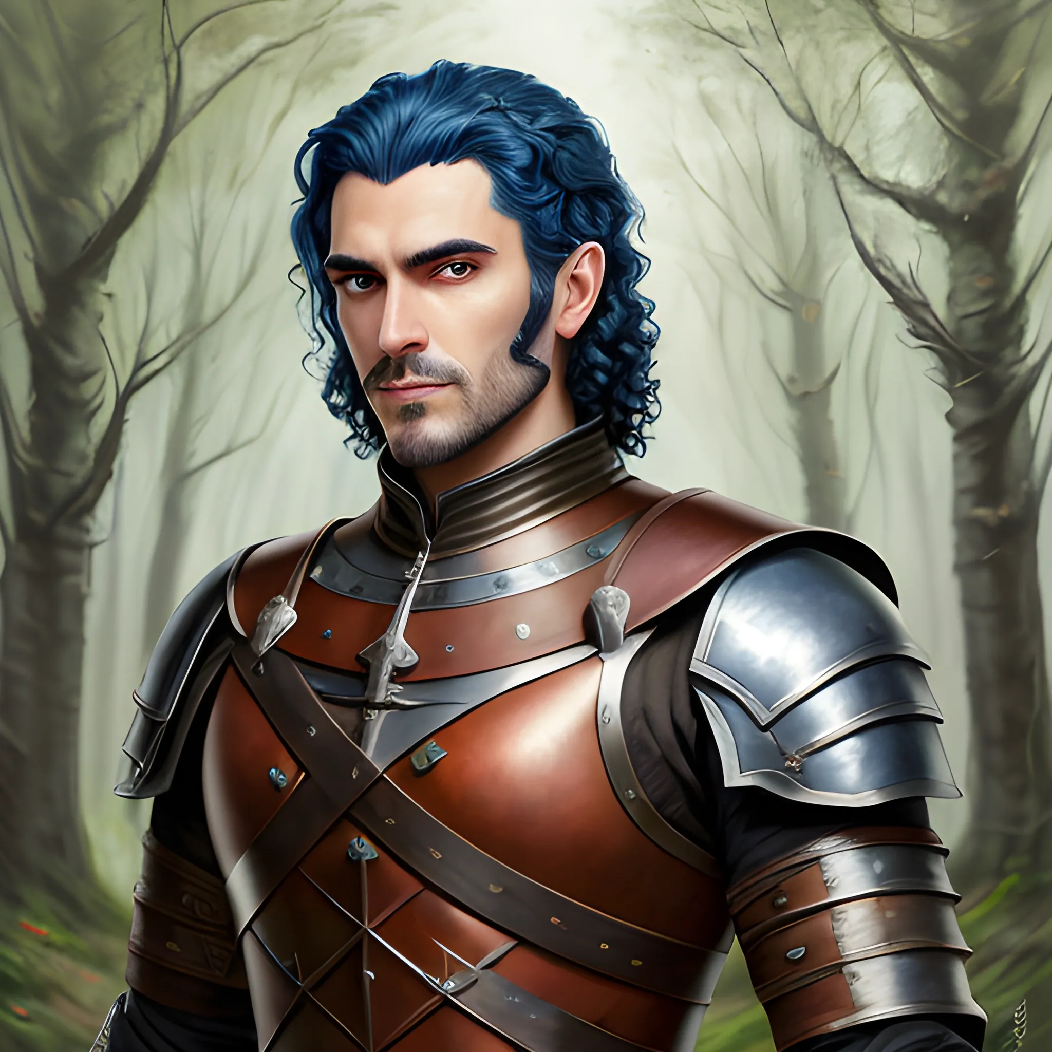 semi-realistic, masterpiece, portrait, adult man, man in his twenties, young man, medieval aesthetic, vintage, brown eyes, deep eyes, elf, knight, soldier, medieval, in a forest, stoic expression, dark bluehair, curly mullet, no facial hair, full body, burly, built, crisp details, illustrated, niji 6, Midjourney, Detailed eyes, strong, sharp focus, perfect hands, perfect light, Oil Painting