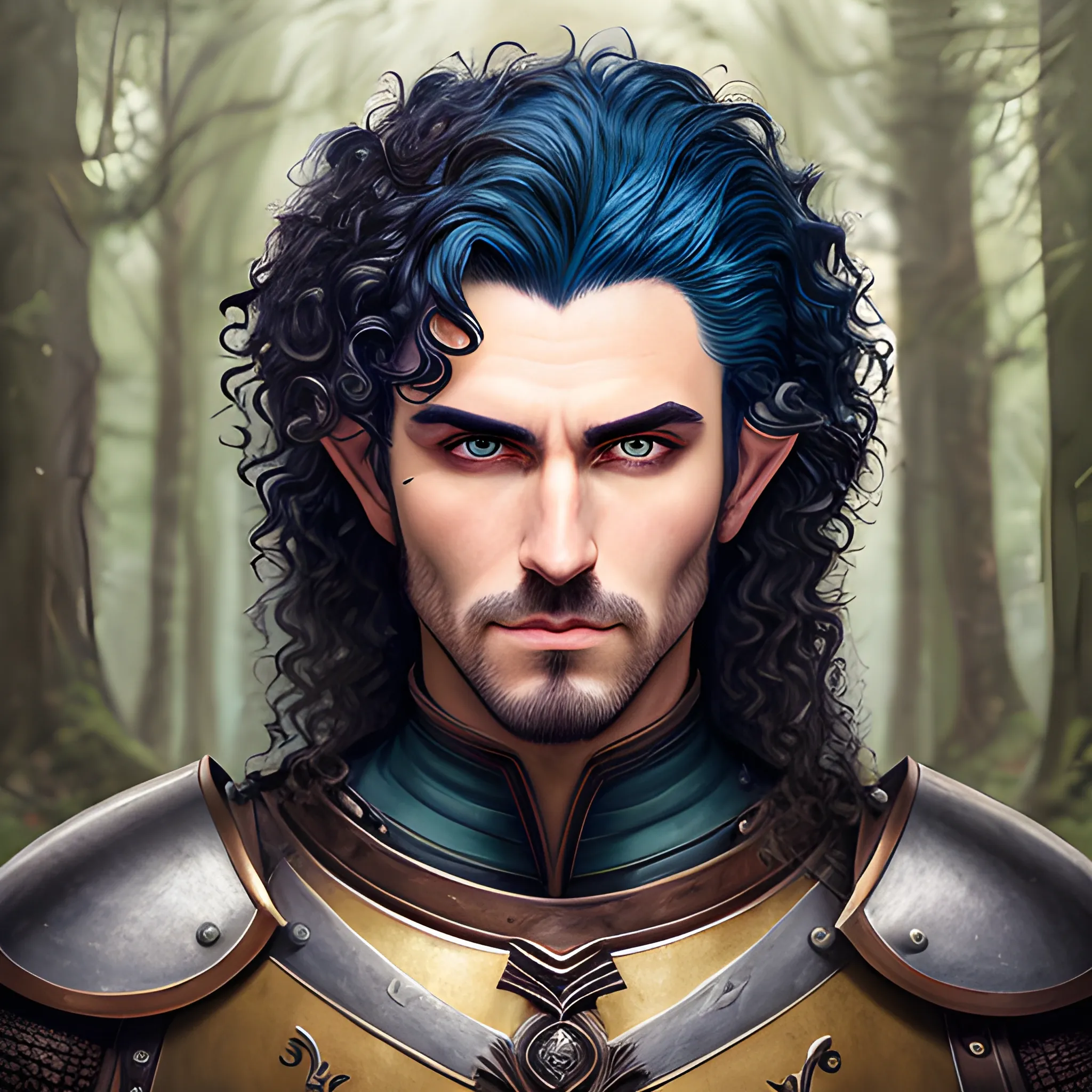 semi-realistic, masterpiece, portrait, adult man, man in his twenties, young man, medieval aesthetic, vintage, brown eyes, deep eyes, elf, knight, soldier, medieval, in a forest, stoic expression, dark bluehair, curly mullet, no facial hair, full body, burly, built, crisp details, illustrated, niji 6, Midjourney, Detailed eyes, strong, sharp focus, perfect hands, perfect light, Oil Painting