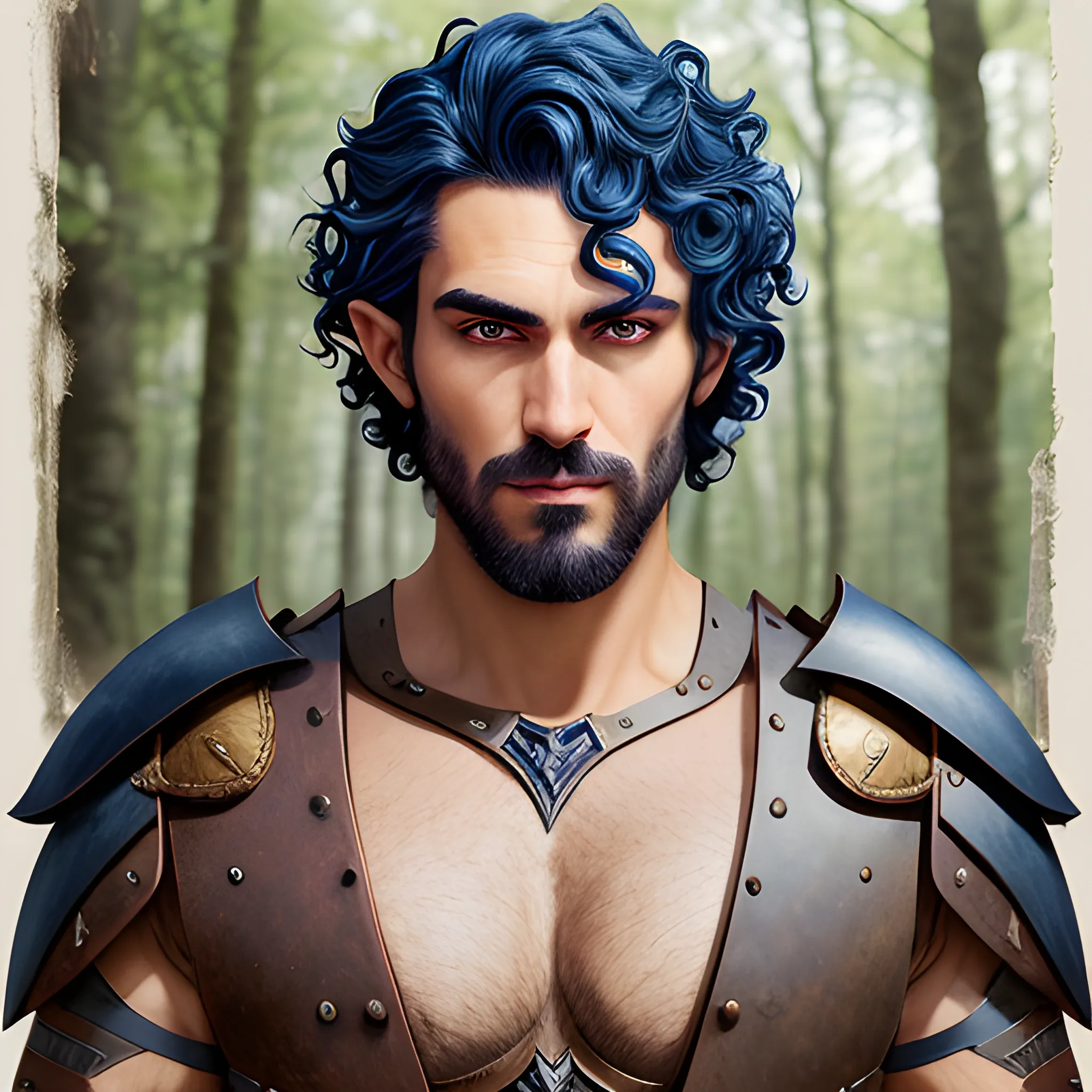 semi-realistic, masterpiece, portrait, adult man, man in his twenties, young man, medieval aesthetic, vintage, brown eyes, deep eyes, elf, knight, soldier, medieval, in a forest, stoic expression, dark bluehair, curly mullet, no facial hair, full body, burly, built, crisp details, illustrated, niji 6, Midjourney, Detailed eyes, strong, sharp focus, perfect hands, perfect light, Oil Painting