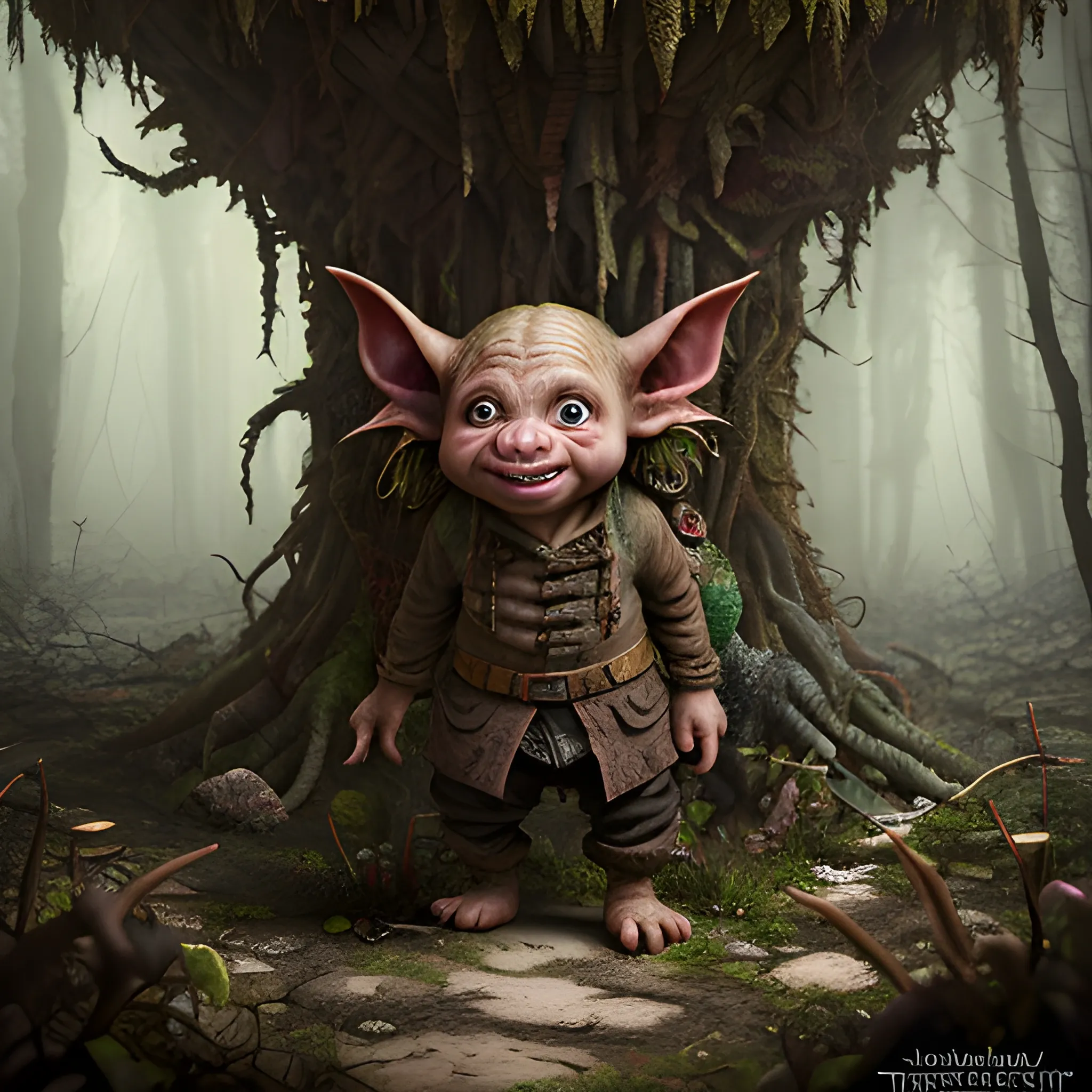  a goblin in a ragged brown tunic at a dark forest : Insanely Detailed Mixed Media Photography : Amazing Depth, Unique, Artistic and Breathtaking Composition : amazing background, accurate description, HDR, insanely detailed, award-winning masterpiece, colorful, trending on Artstation, Unreal Engine 5