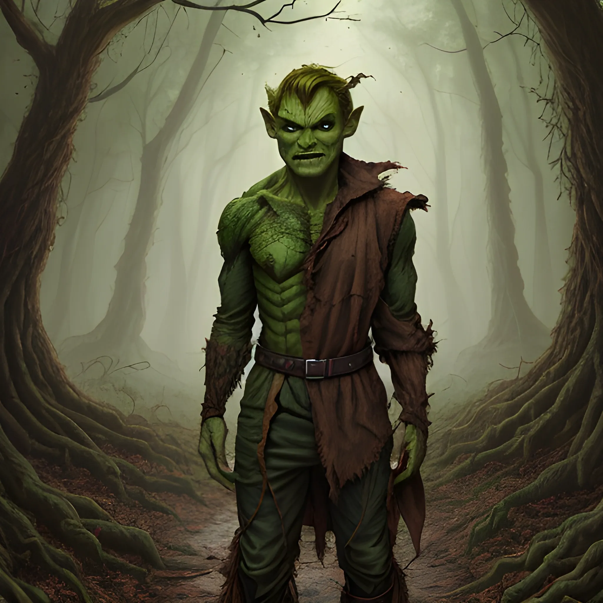 a green goblin in a ragged brown tunic at a dark forest, Insanely Detailed