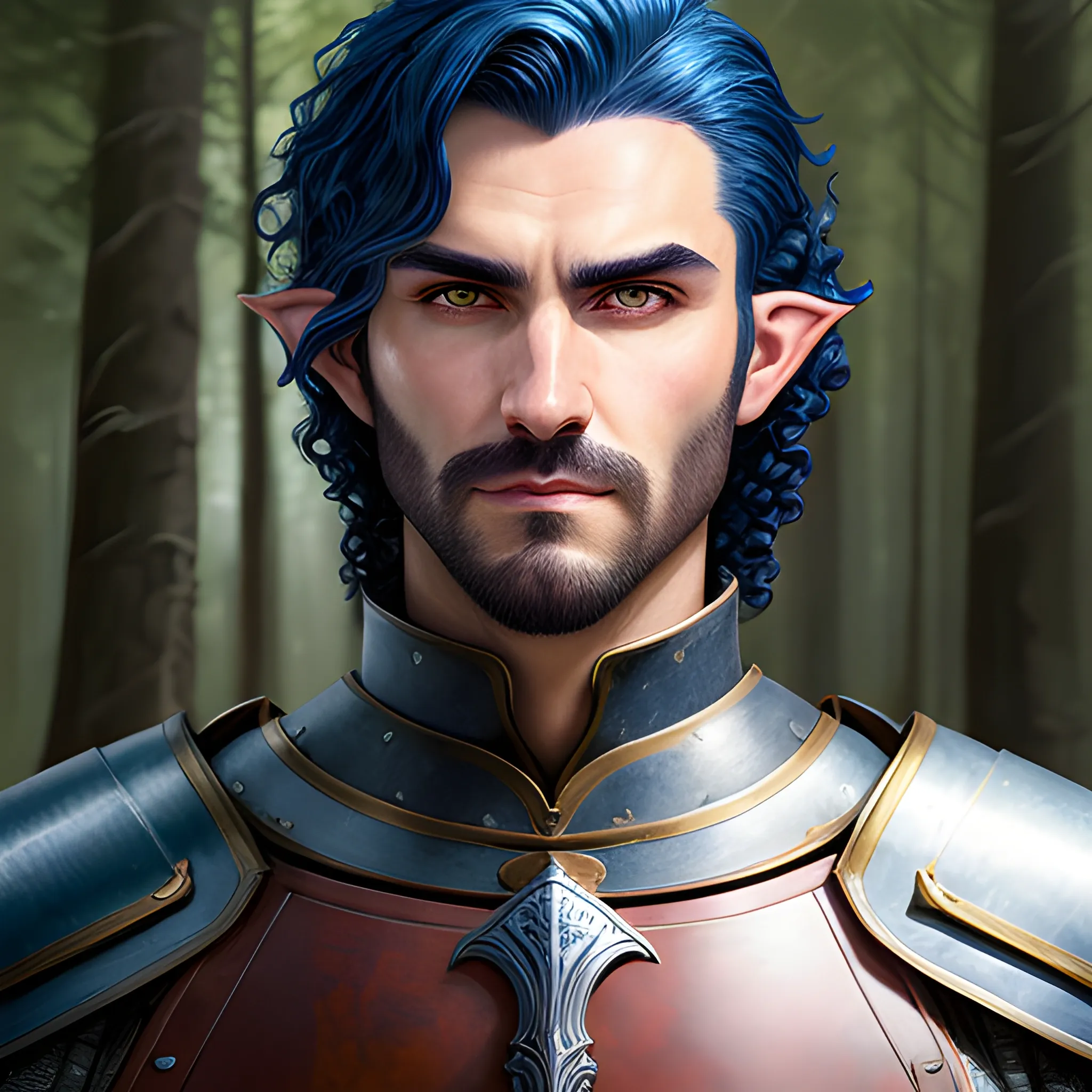 semi-realistic, masterpiece, portrait, adult man, man in his twenties, young man, medieval aesthetic, vintage, brown eyes, deep eyes, elf, knight, soldier, medieval, in a forest, stoic expression, dark bluehair, curly mullet, no facial hair, full body, burly, built, crisp details, illustrated, niji 6, Midjourney, Detailed eyes, strong, sharp focus, perfect hands, perfect light, Oil Painting