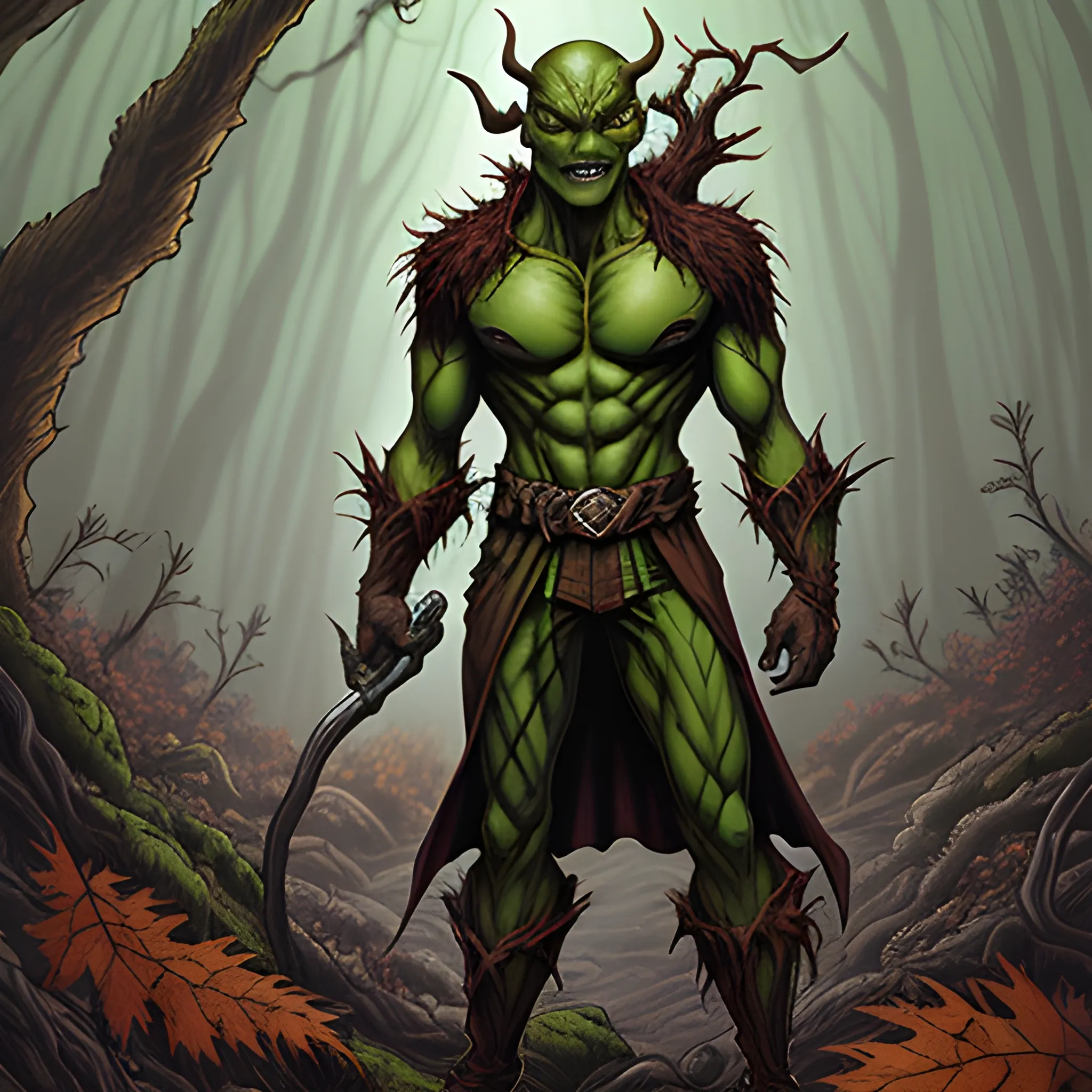 a small green goblin in a ragged brown tunic, surrounded by dark forest, Insanely Detailed