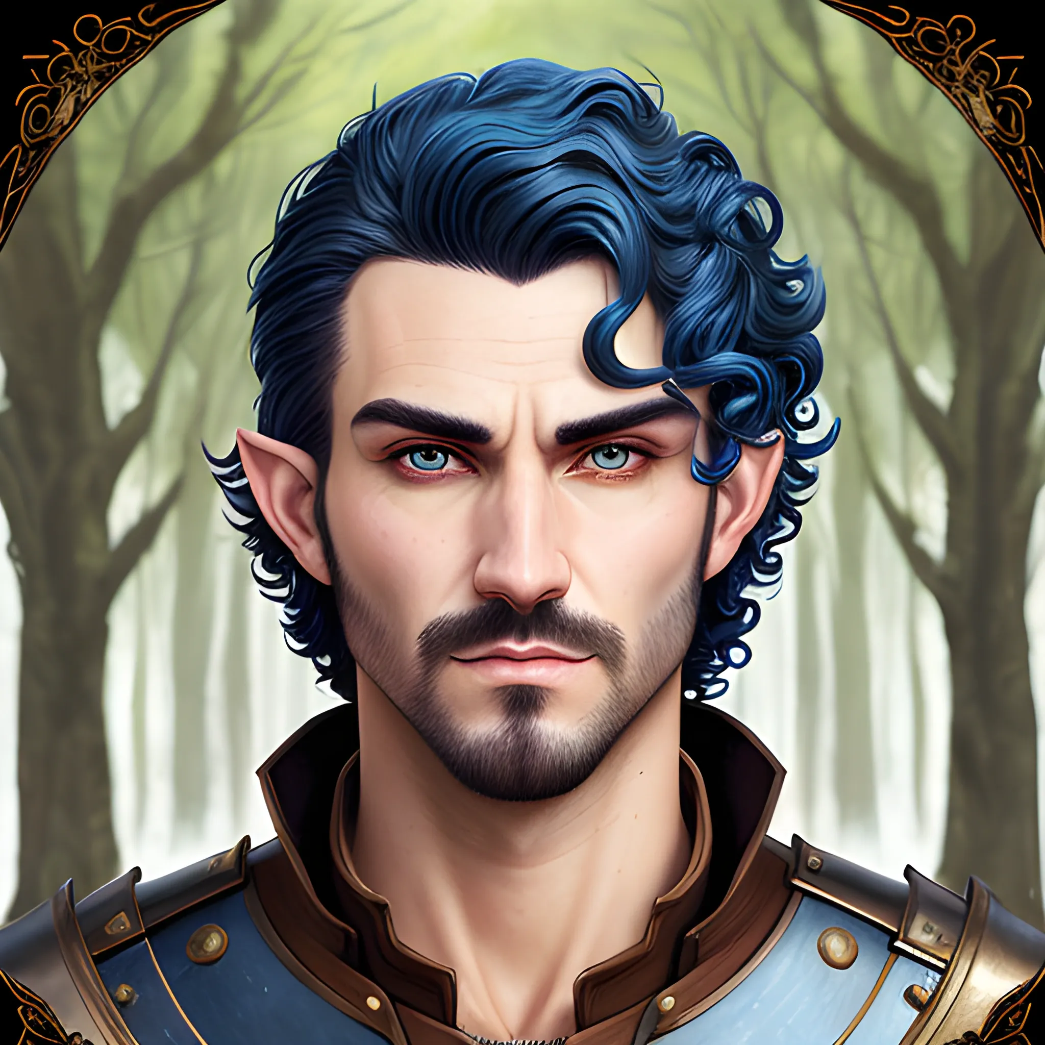 semi-realistic, masterpiece, portrait, adult man, man in his twenties, young man, medieval aesthetic, vintage, brown eyes, deep eyes, elf, knight, soldier, medieval, in a forest, stoic expression, dark bluehair, curly mullet, no facial hair, full body, burly, built, crisp details, illustrated, niji 6, Midjourney, Detailed eyes, strong, sharp focus, perfect hands, perfect light, Oil Painting