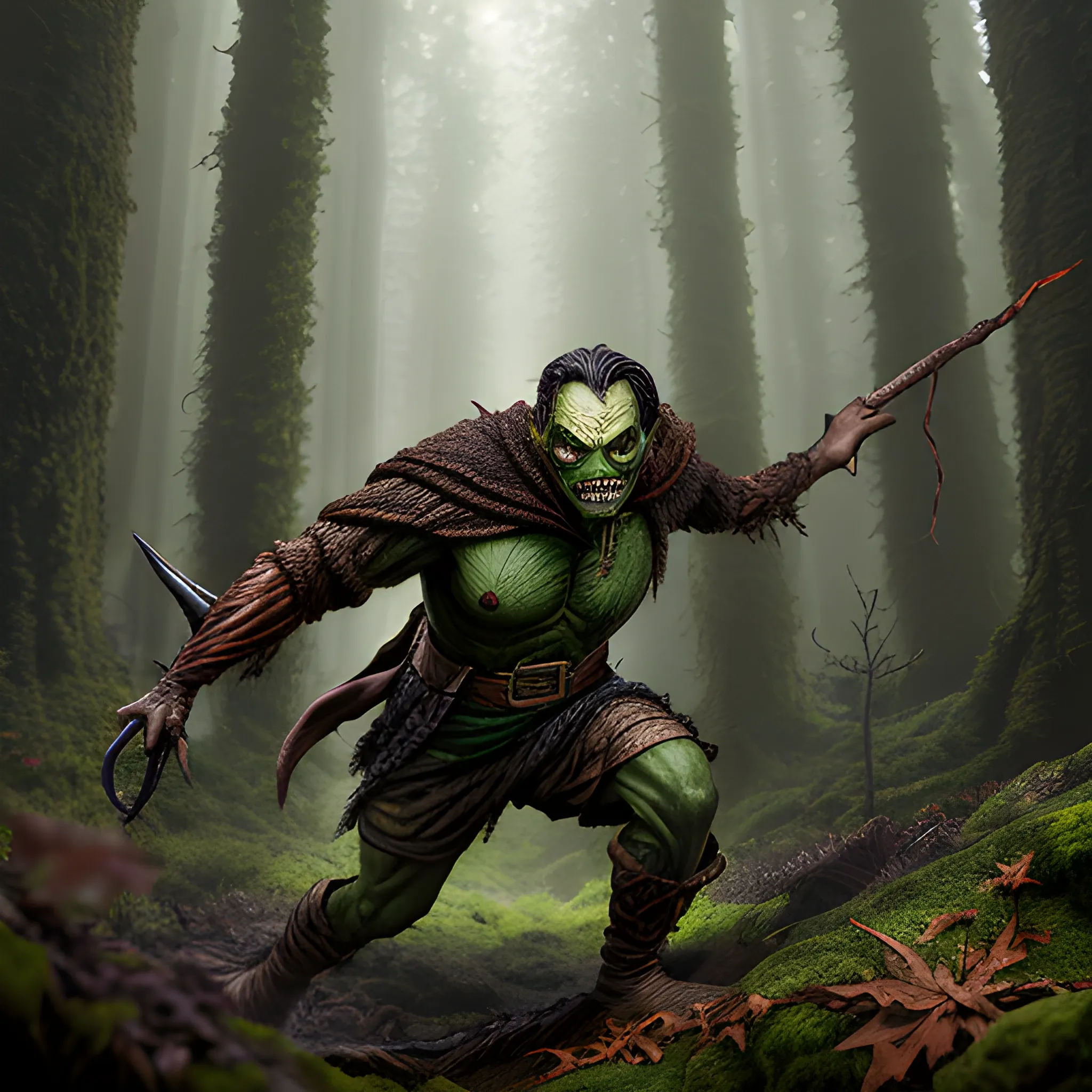 small, off-green, hobgoblin, wearing a ragged brown tunic, surrounded by dark forest, Insanely Detailed, HDR