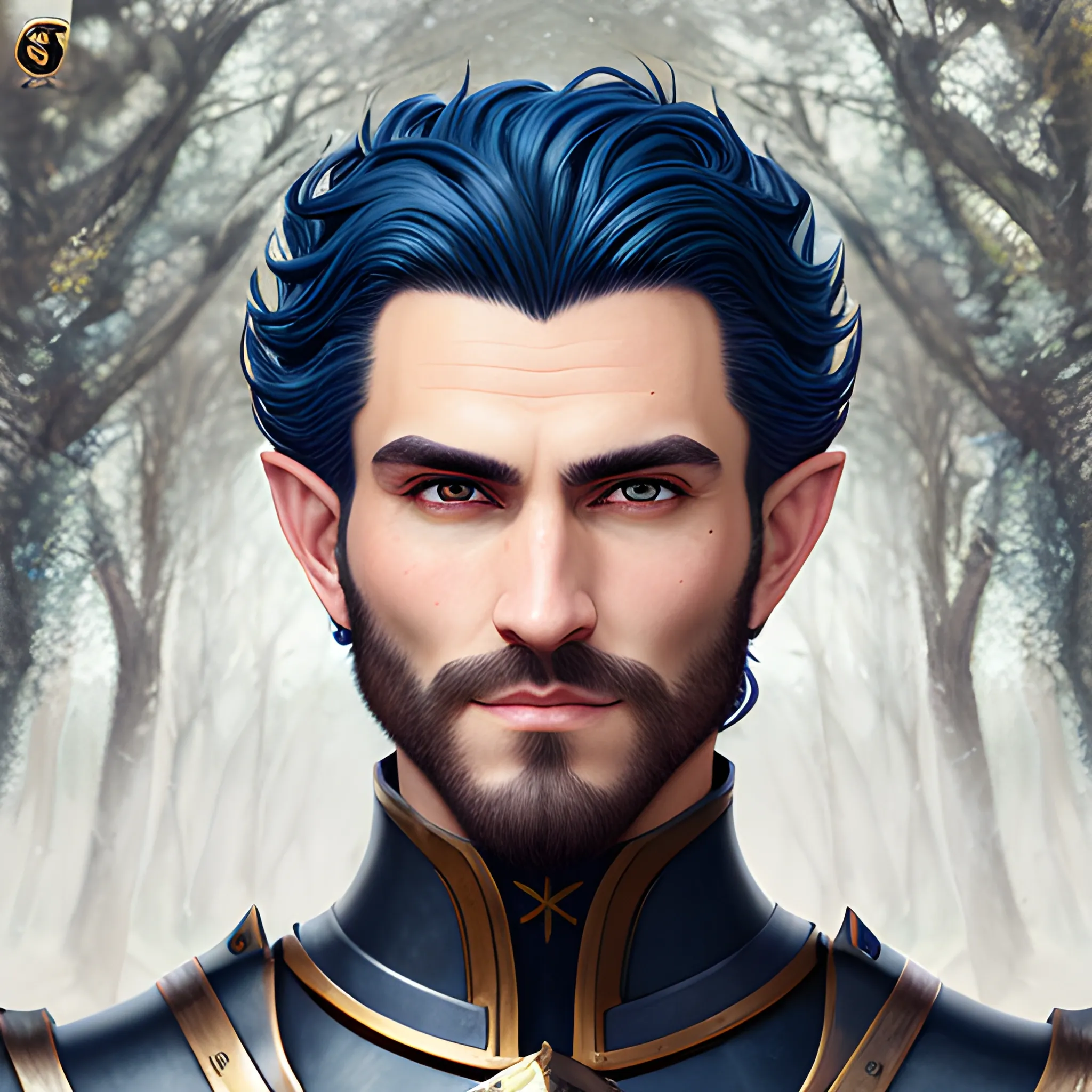 semi-realistic, masterpiece, portrait, adult man, man in his twenties, young man, medieval aesthetic, vintage, brown eyes, deep eyes, elf, knight, soldier, medieval, in a forest, stoic expression, dark bluehair, curly mullet, no facial hair, full body, burly, built, crisp details, illustrated, niji 6, Midjourney, Detailed eyes, strong, sharp focus, perfect hands, perfect light, Oil Painting