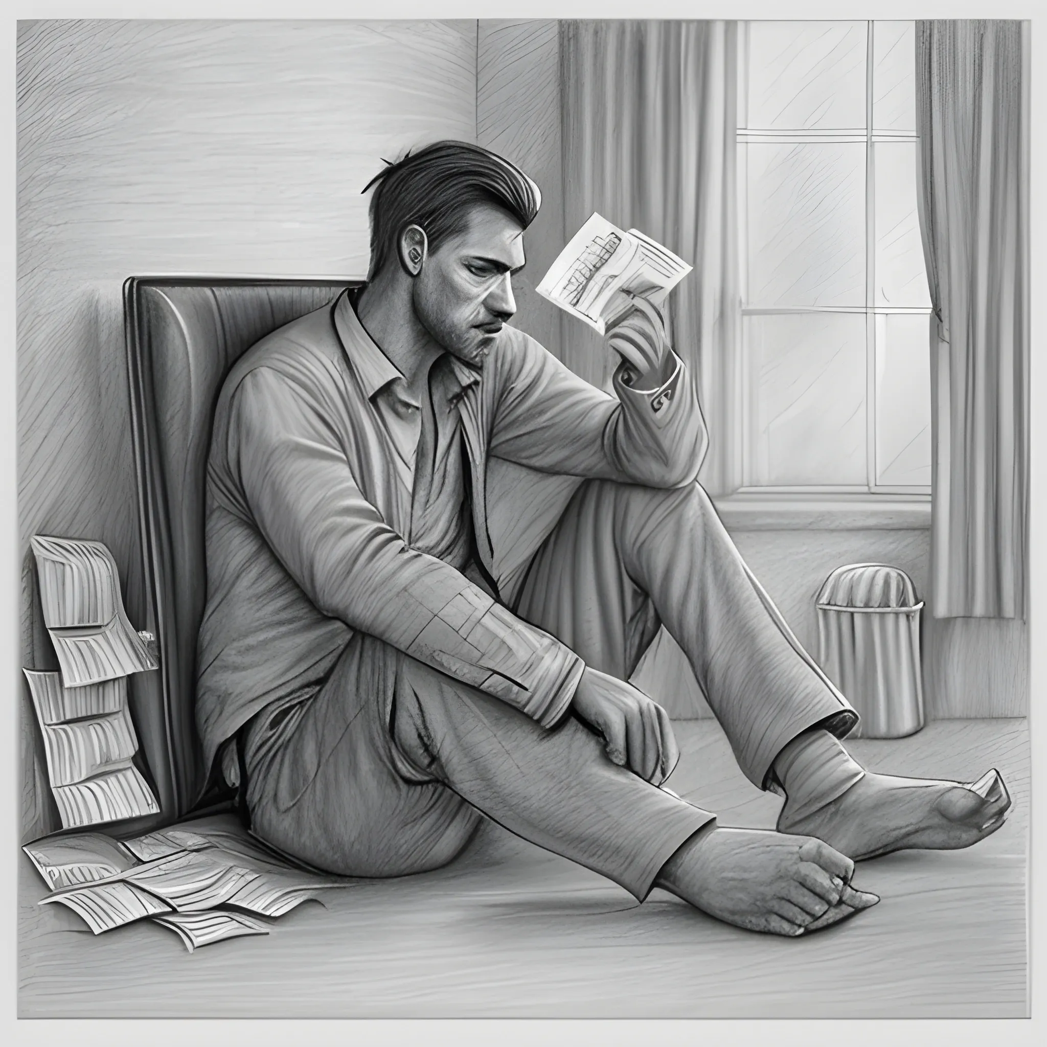 , Pencil Sketch a man sitting in his house with bills in his hand