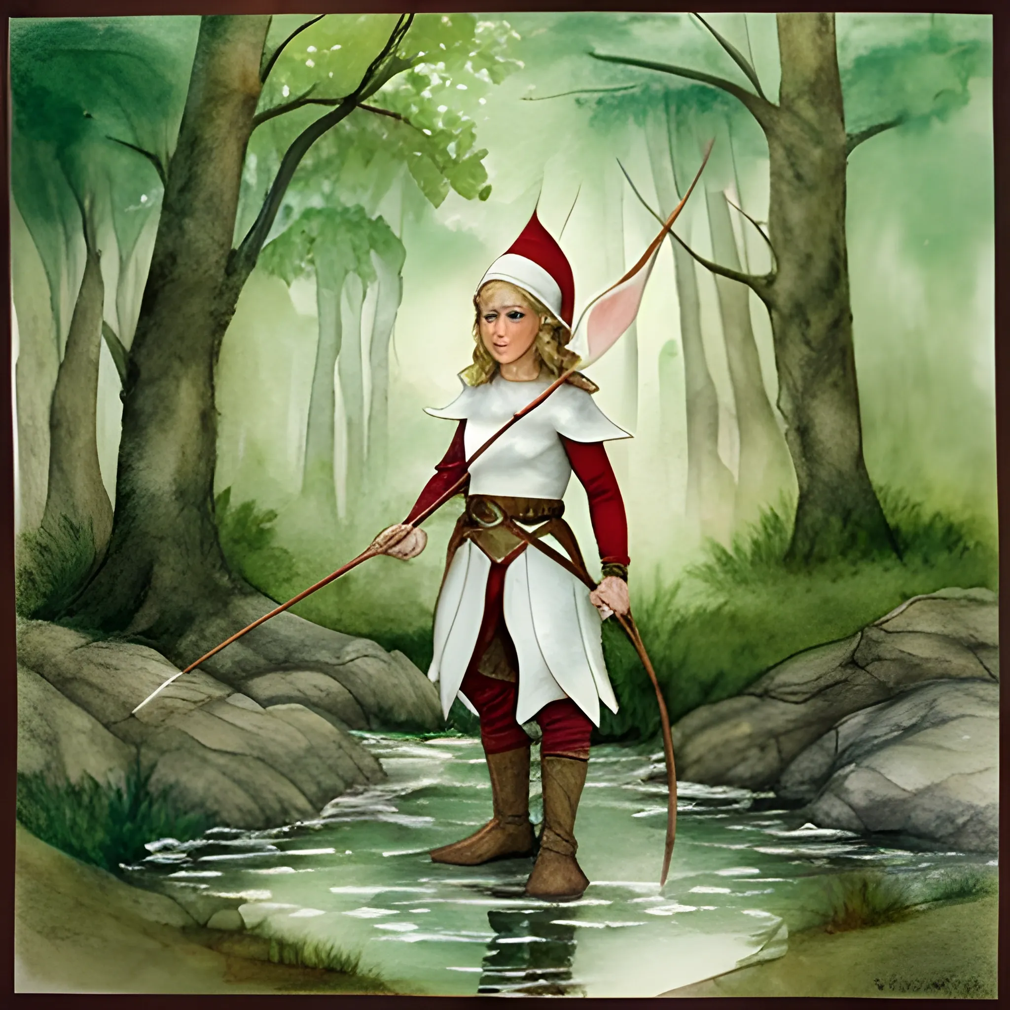 elf, holding a bow, wearing white, surrounded by forest, Water Color