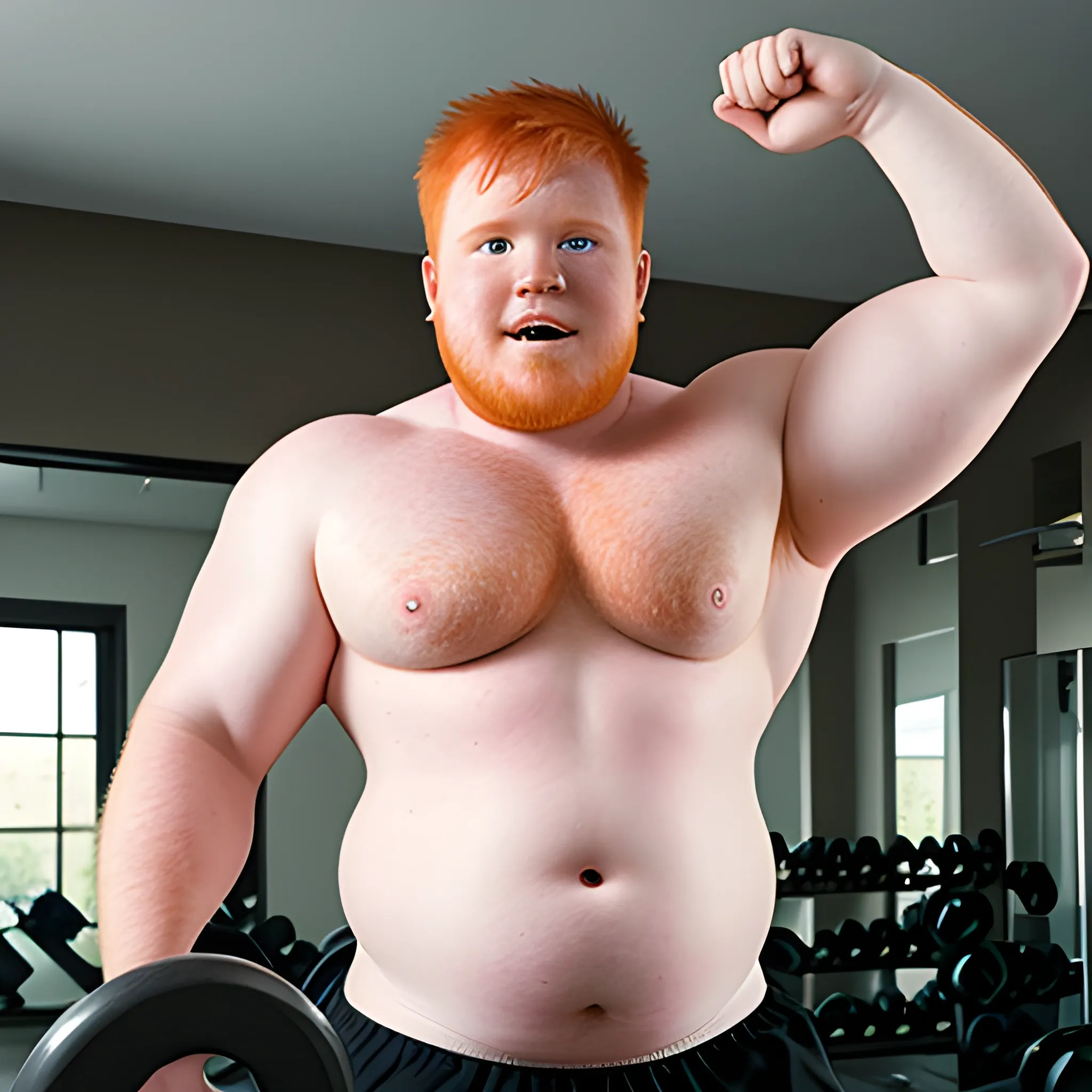 A very chubby ginger with his shirt off working out

