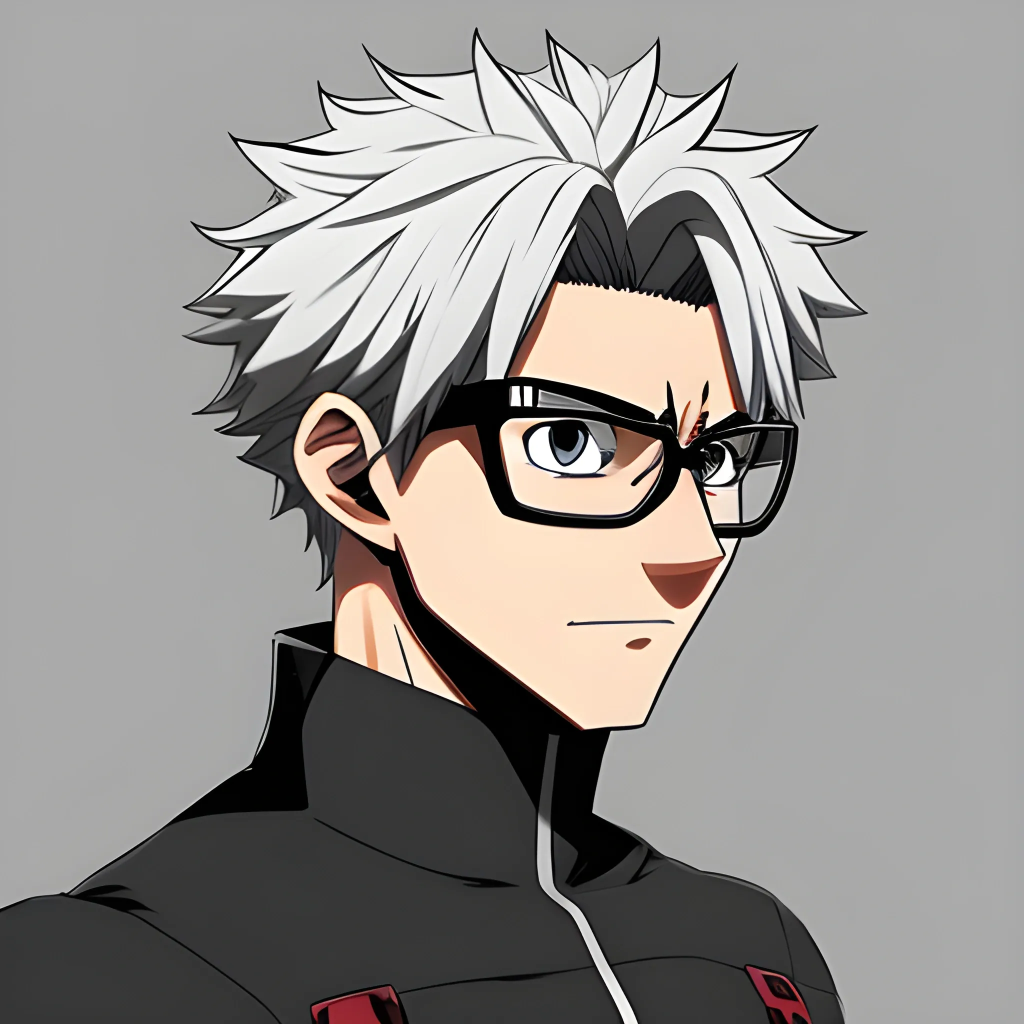 my hero academia male oc with a white wolf cut and black eyes with a scar on his left eye and thin glasses