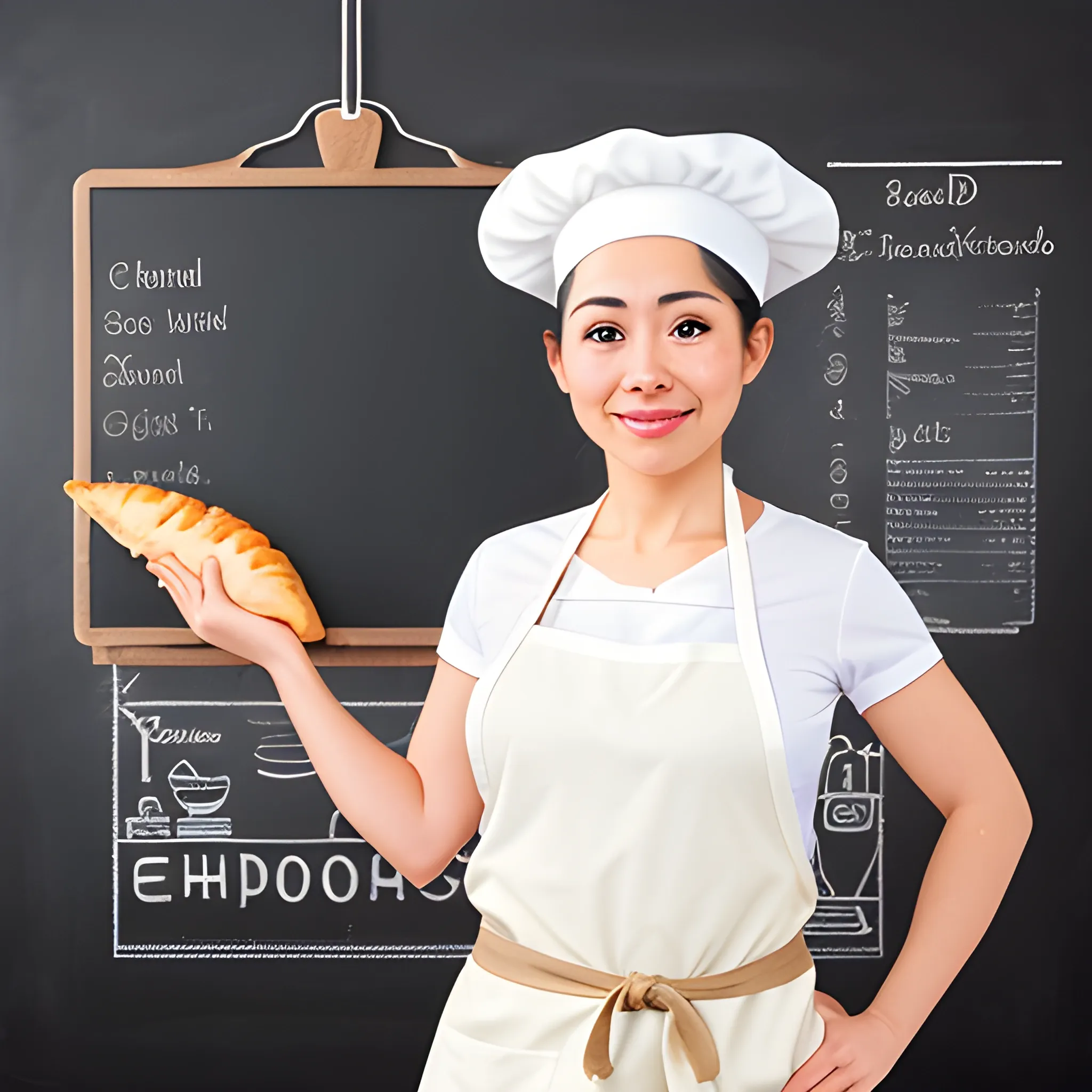 An empanada wearing a chef's apron and hat, holding a blank chalkboard. The empanada should have a friendly and inviting expression. The background should be neutral to keep the focus on the empanada, 3D