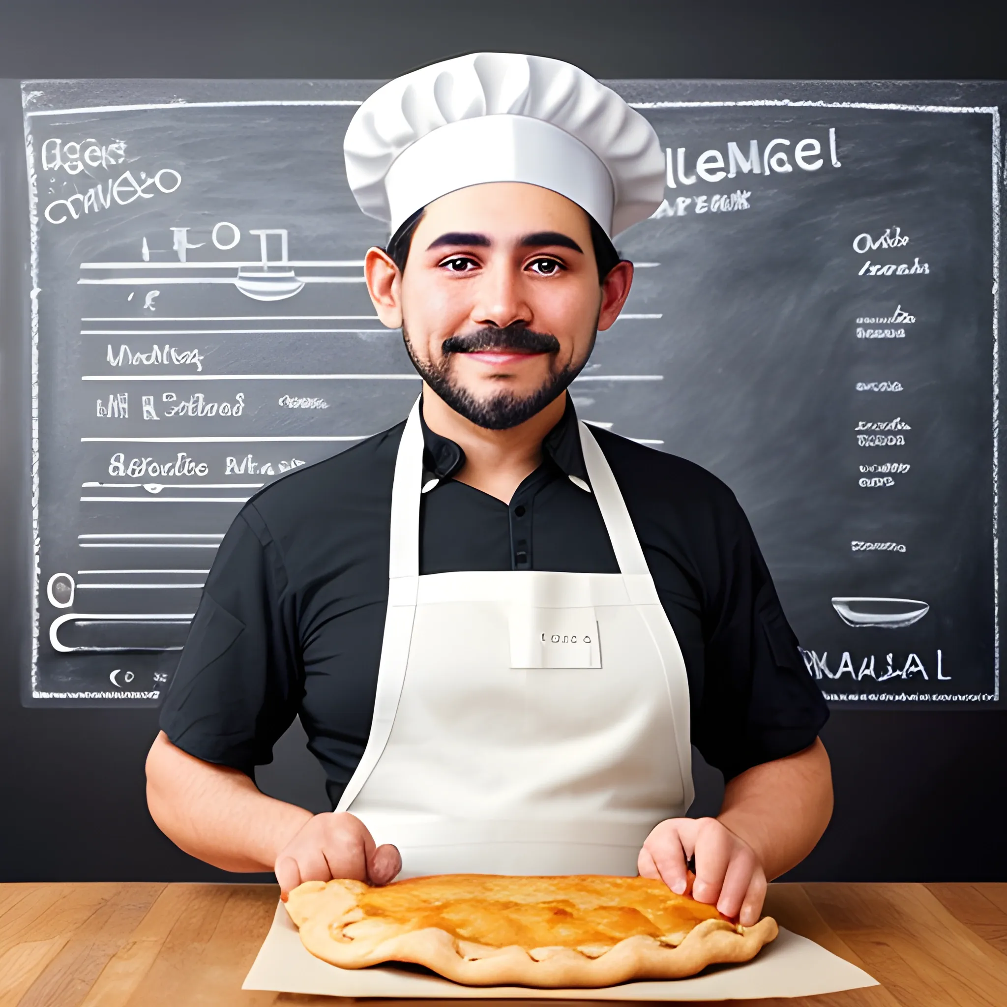 Draw n empanada wearing a chef's apron and hat, holding a blank chalkboard. The empanada should have a friendly and inviting expression. The background should be neutral to keep the focus on the empanada, 3D