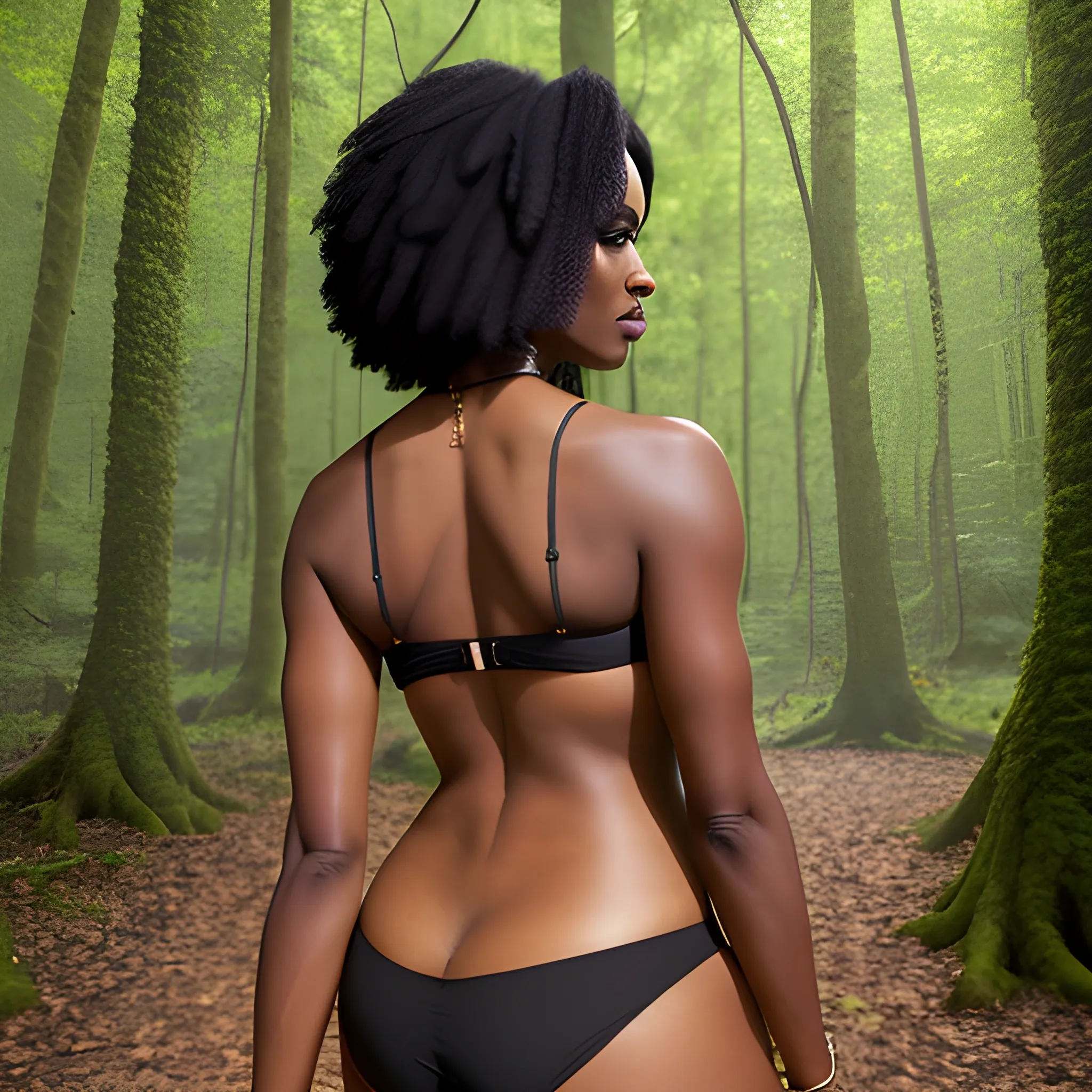 a woman in a forest with her back to the camera, breasts, looking_at_viewer, short_hair, multiple_girls, black_hair, 2girls, bare_shoulders, jewelry, medium_breasts, underwear, standing, panties, ass, earrings, outdoors, parted_lips, solo_focus, day, looking_back, dark_skin, from_behind, dark-skinned_female, tree, lips, crop_top, back, nature, armlet, forest, thong, realistic, bracer