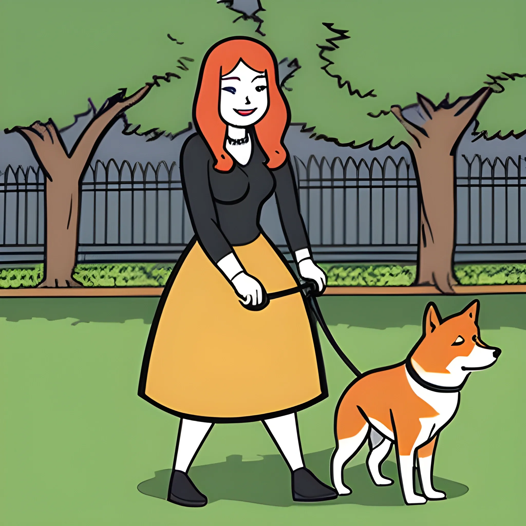 a girl is holding a shiba inu in the park. comic cartoon