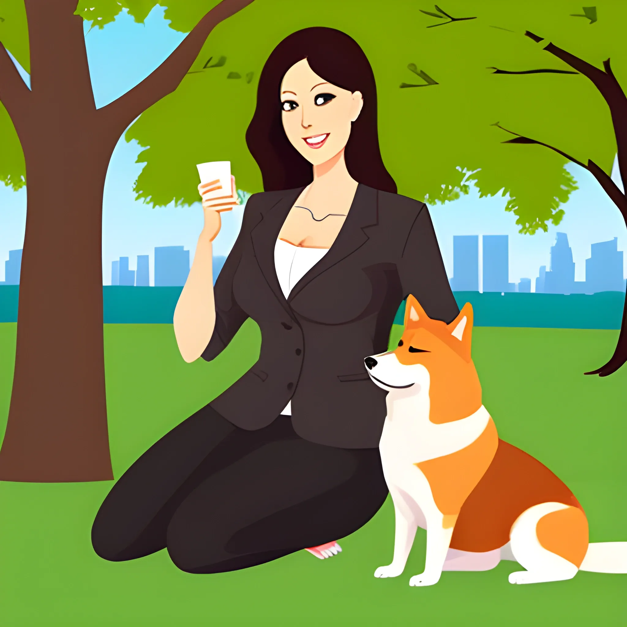 a girl is holding a shiba inu in the park, Cartoon