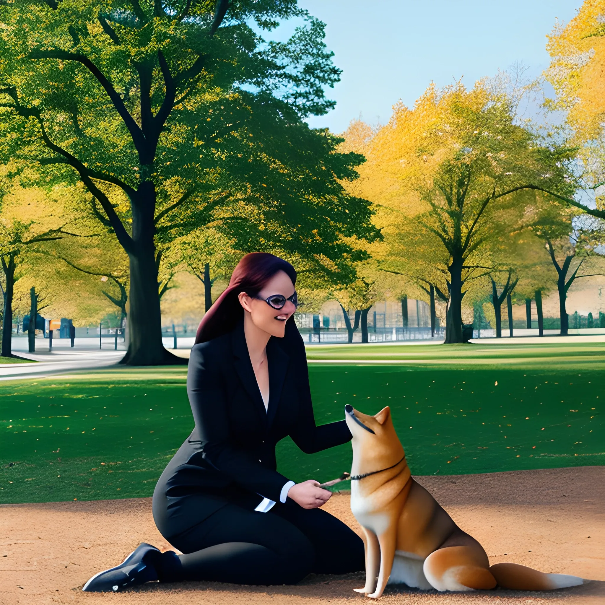 a girl is holding a shiba inu in the park