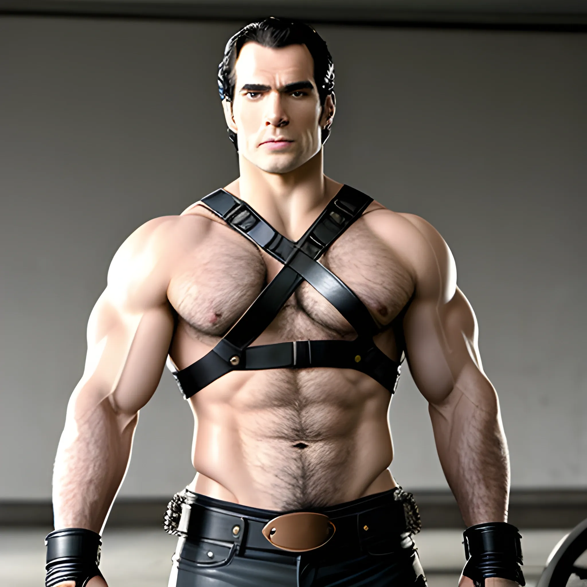 Henry Cavill hairy flexing in leather harness