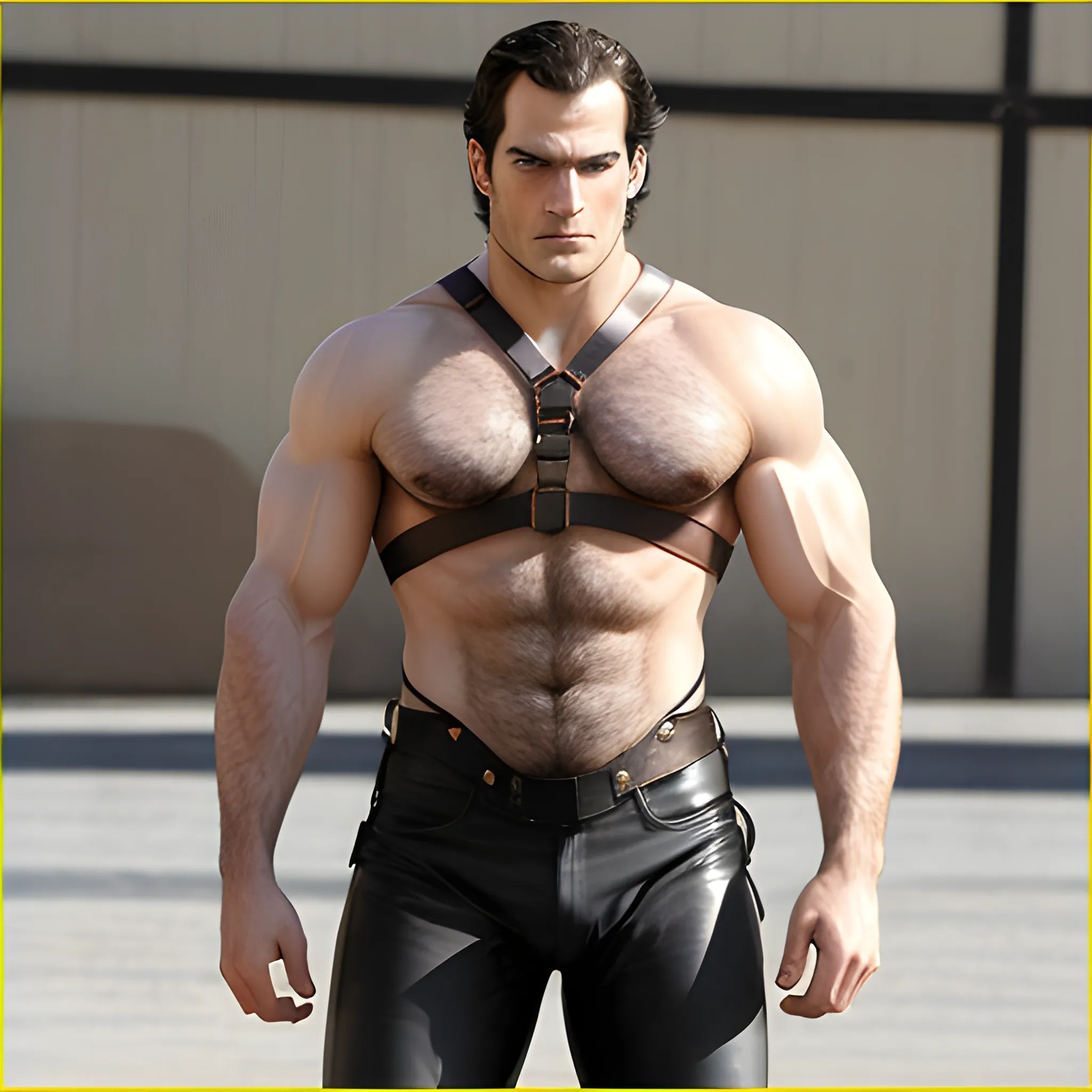 Henry Cavill hairy flexing in leather harness