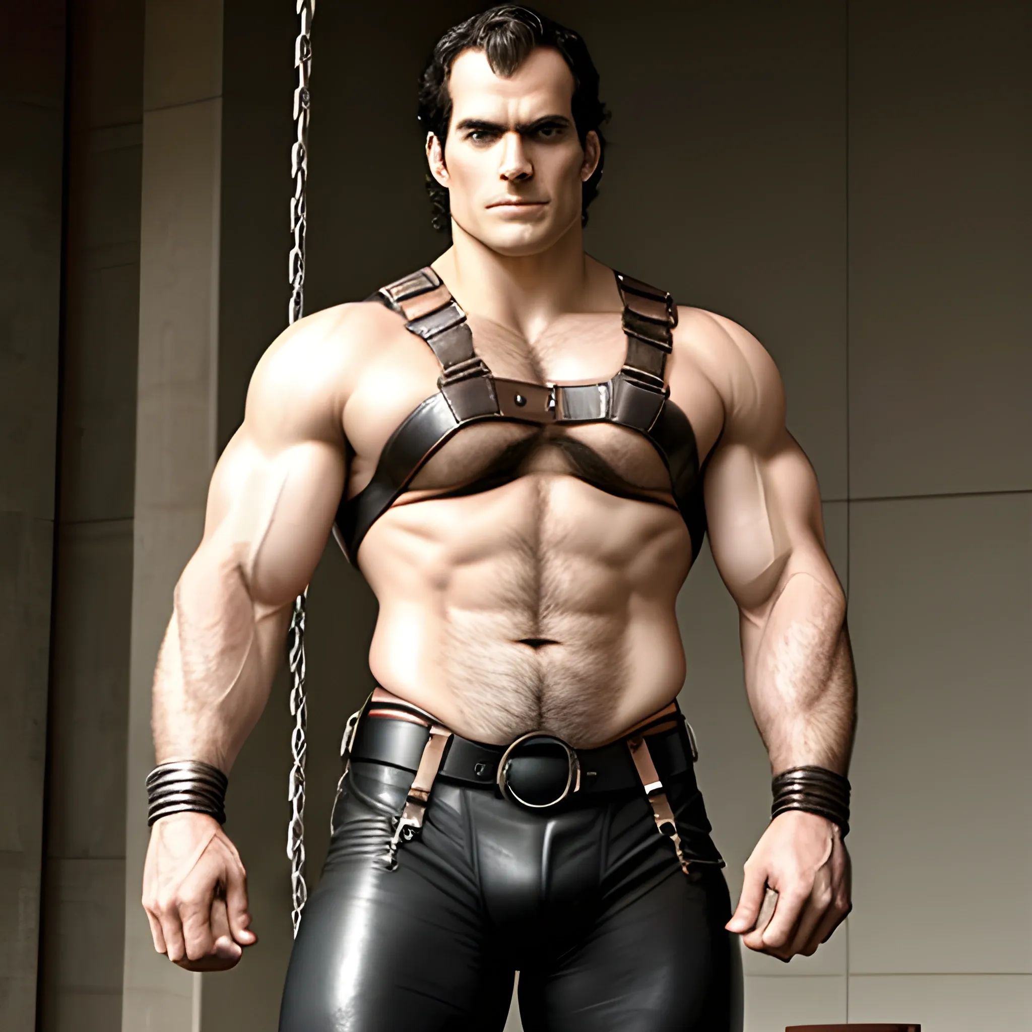 Henry Cavill hairy flexing in leather harness