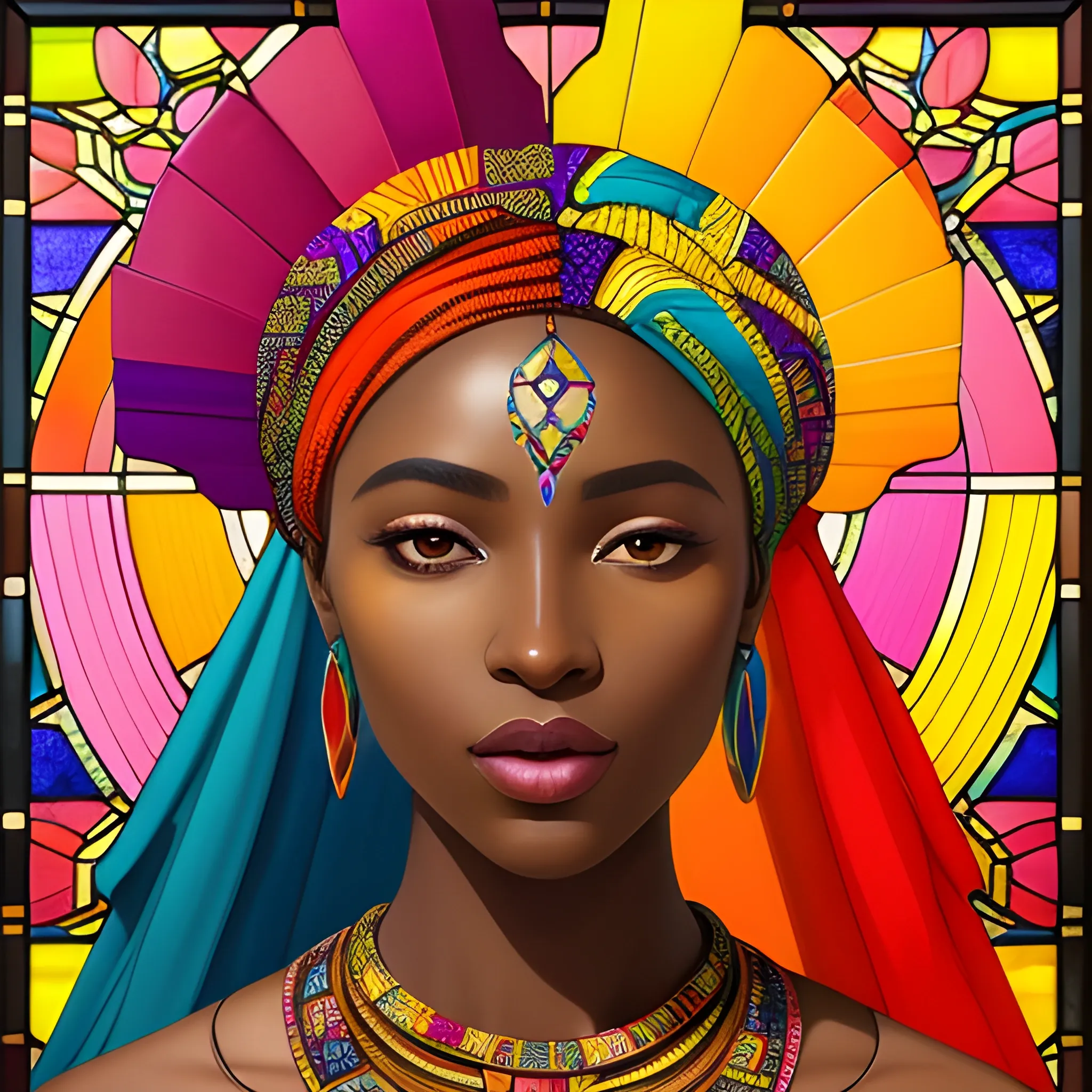 he image depicts a portrait of a woman in the style of a vibrant stained glass art piece. She has rich, dark skin and is adorned with colorful, ornate attire that suggests African cultural influence. Her head is crowned with a headwrap featuring a mosaic of radiant, multicolored patterns, which harmoniously blend with the stained glass motif. The background radiates outwards with a warm, luminous effect, encompassing a spectrum of colors and geometric floral designs, adding to the artwork's majestic and contemporary feel., Oil Painting