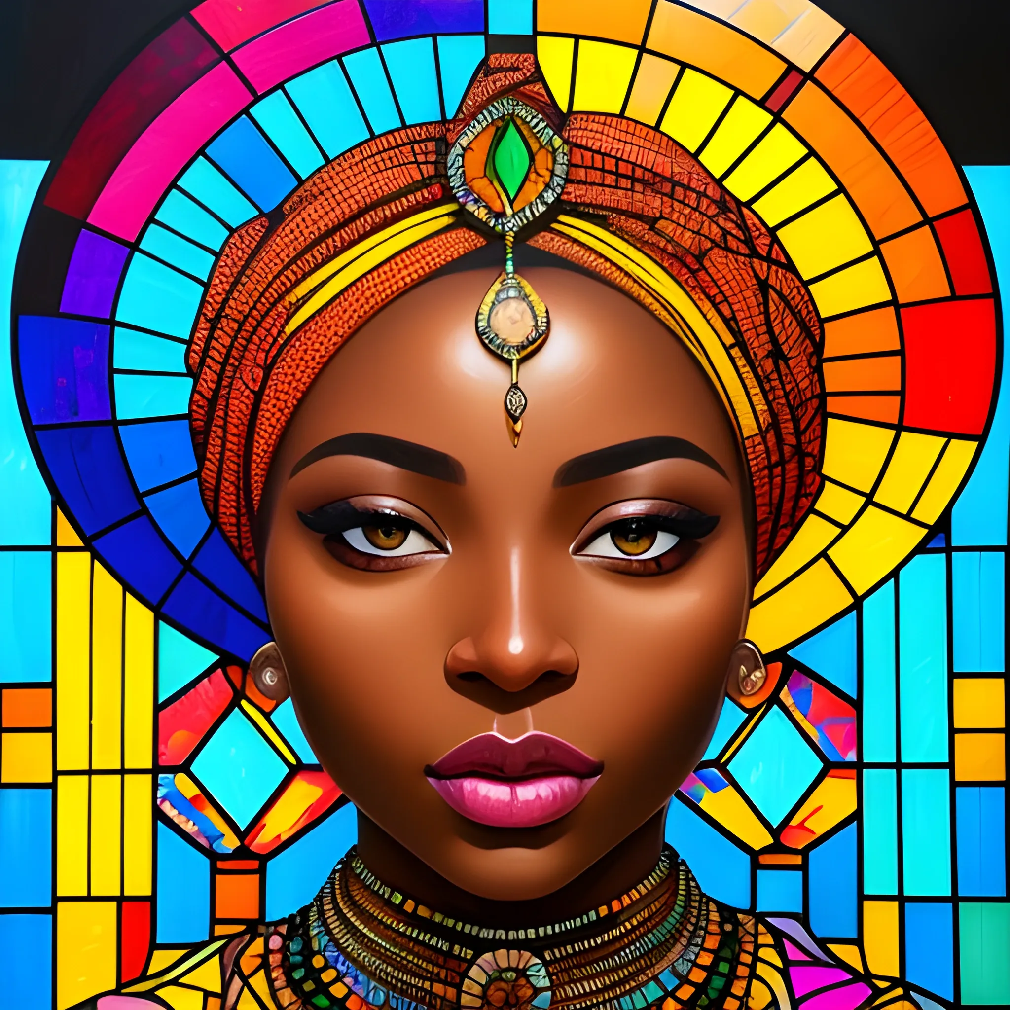 he image depicts a portrait of a woman in the style of a vibrant stained glass art piece. She has rich, dark skin and is adorned with colorful, ornate attire that suggests African cultural influence. Her head is crowned with a headwrap featuring a mosaic of radiant, multicolored patterns, which harmoniously blend with the stained glass motif. The background radiates outwards with a warm, luminous effect, encompassing a spectrum of colors and geometric floral designs, adding to the artwork's majestic and contemporary feel., Oil Painting